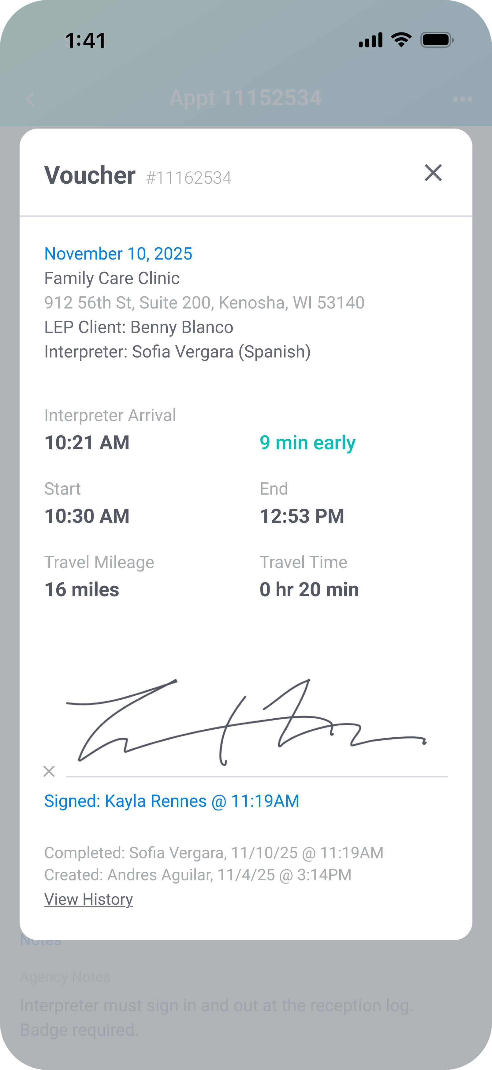 Time tracking interface with start/stop controls and mileage logging