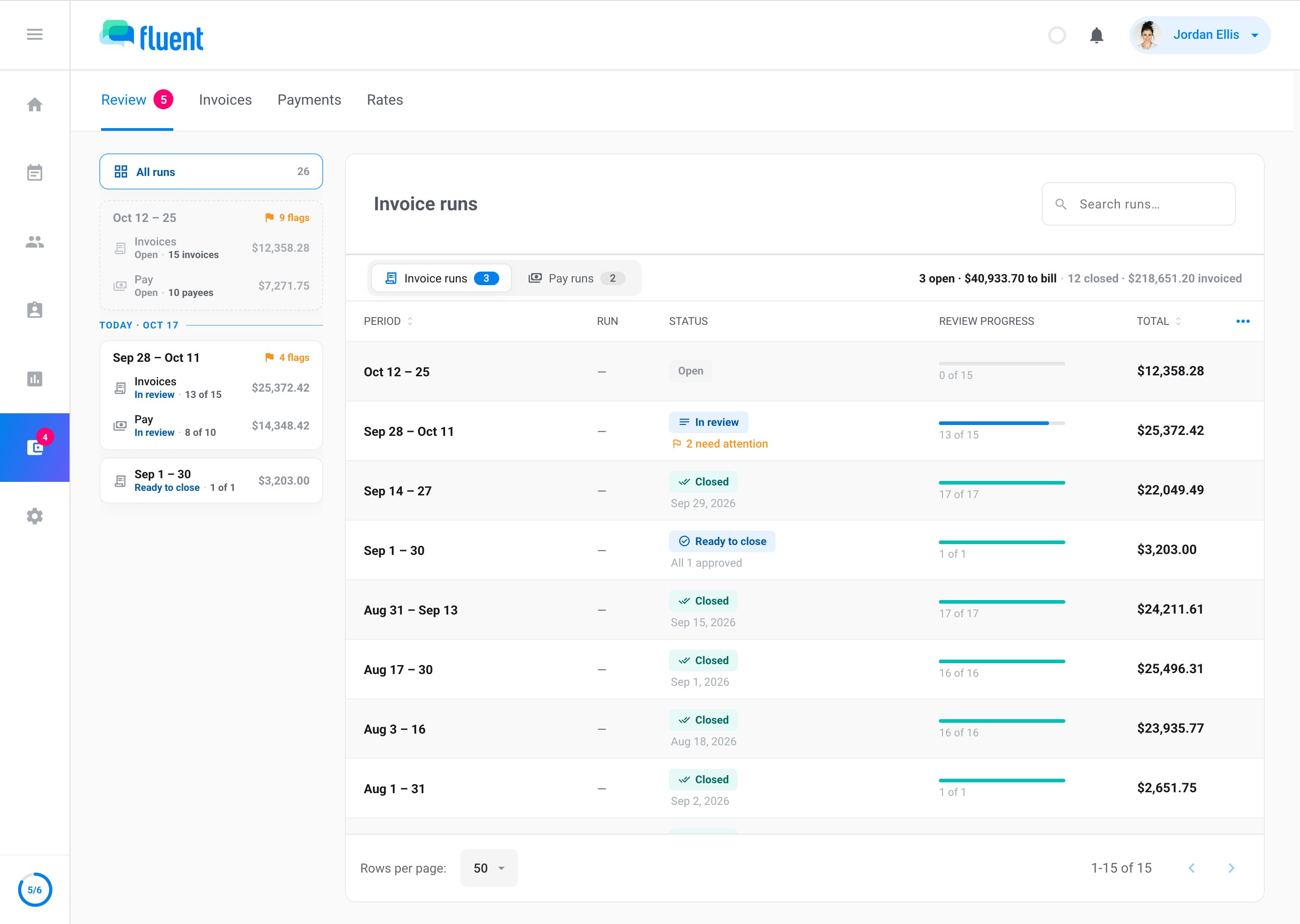 Billing › Review: every invoice run with its status, review progress and total