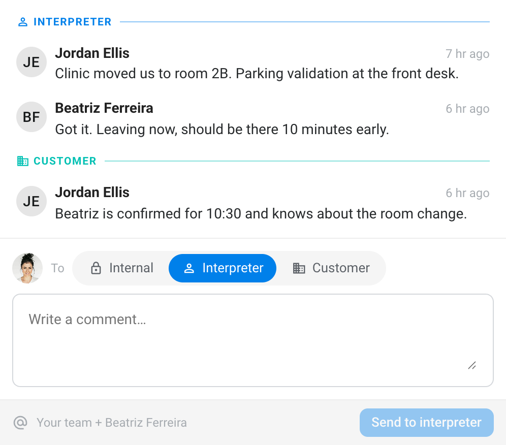 An appointment comment thread with interpreter and customer audiences, and the composer set to Interpreter