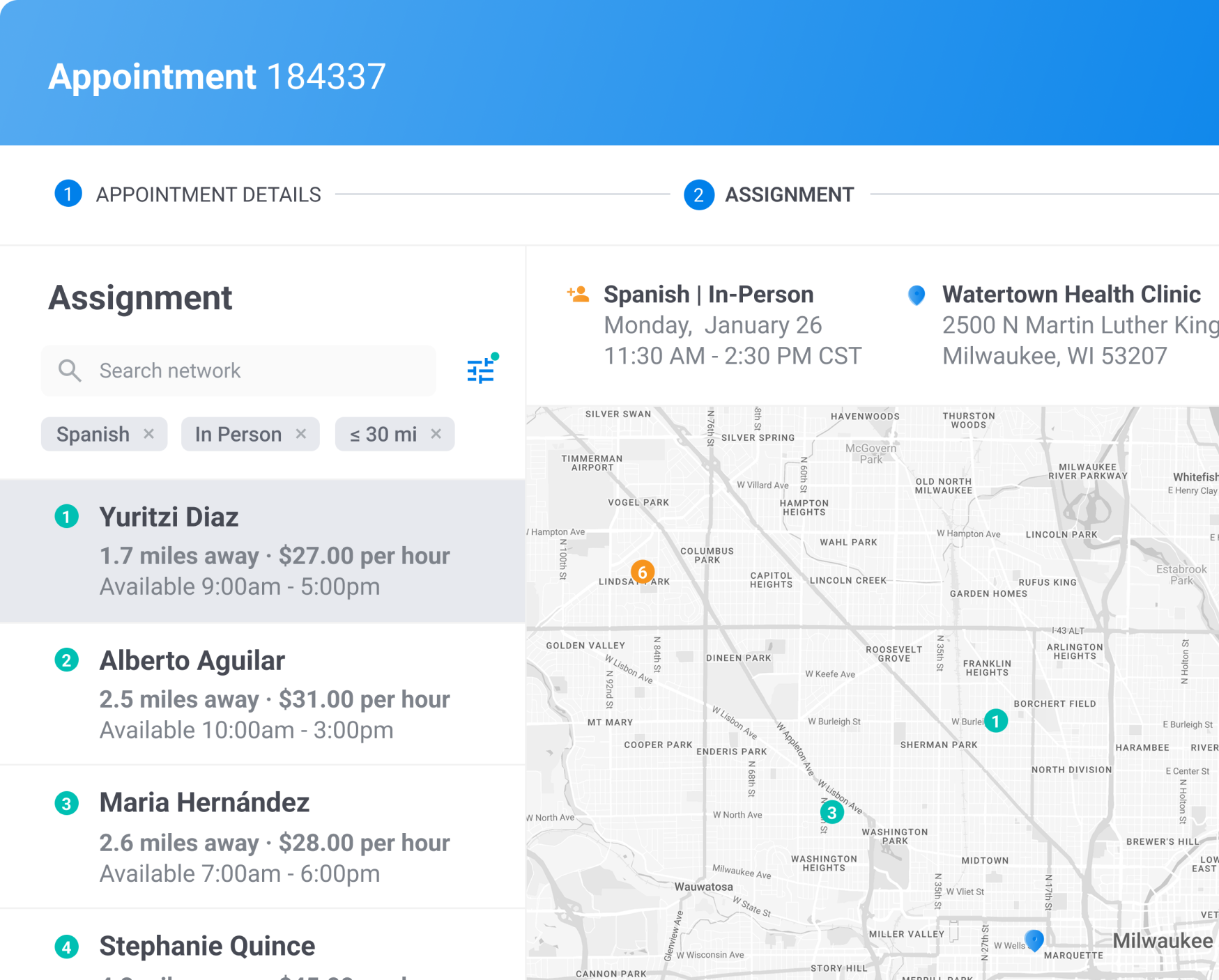 Scheduling dashboard with interpreter availability and job matching