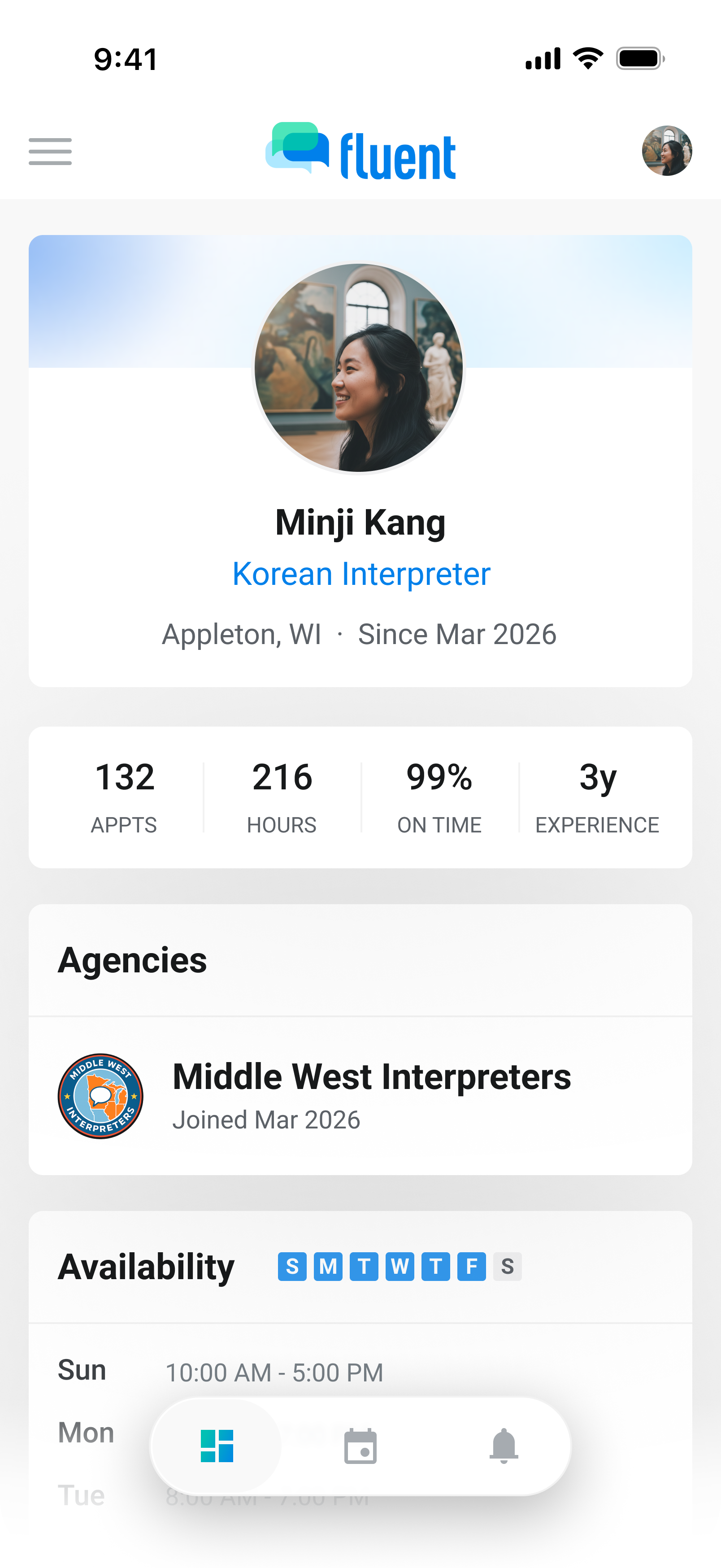 Interpreter profile on mobile showing languages, certifications, and contact details
