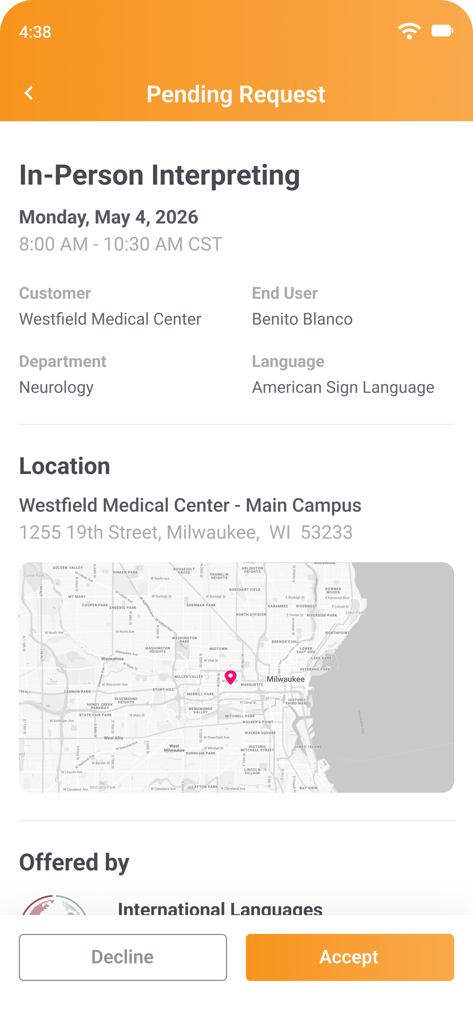 Pending appointment offer details in the Fluent mobile app
