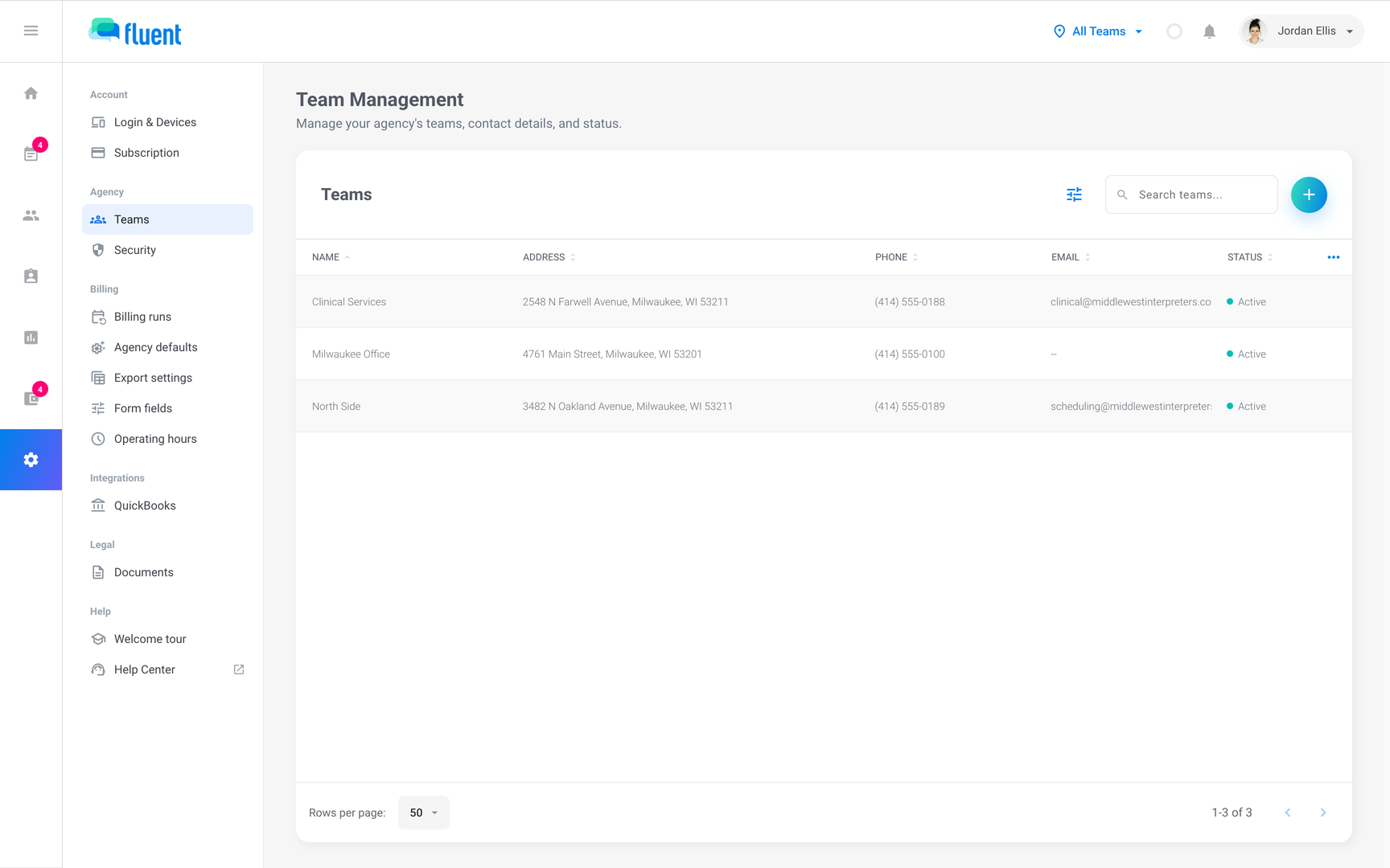 Settings › Teams with two Active teams in the Teams table and the + button above it