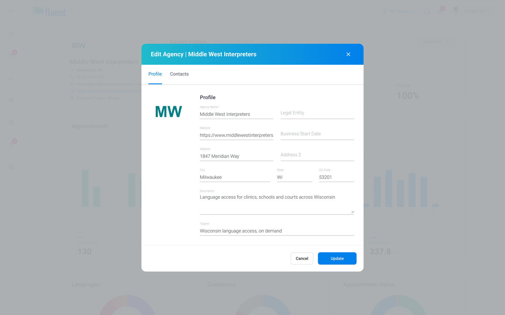Edit Agency dialog on the Profile tab with the agency name and address filled in