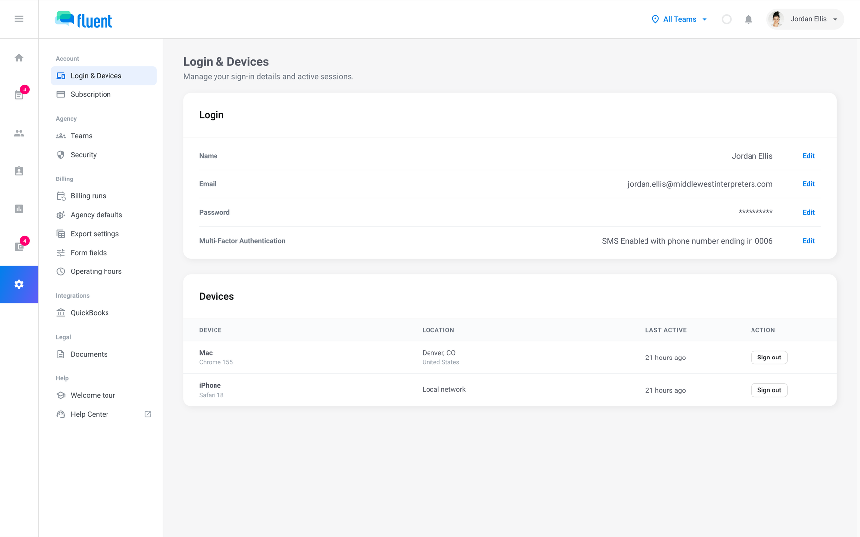 Settings with its sidebar sections Account, Agency, Billing, Integrations, Legal, and Help