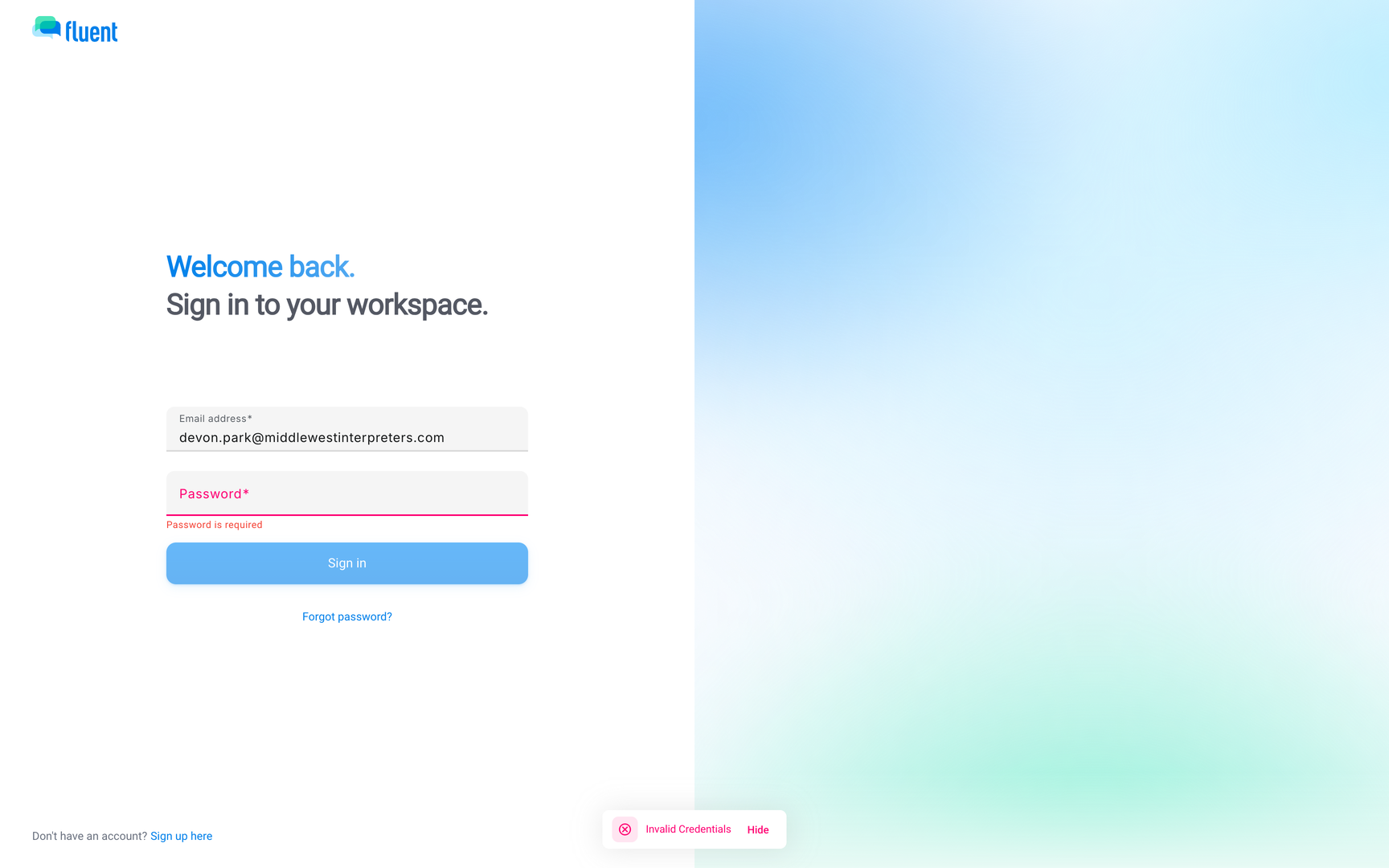 Sign-in page with the "Invalid Credentials" message after a wrong password