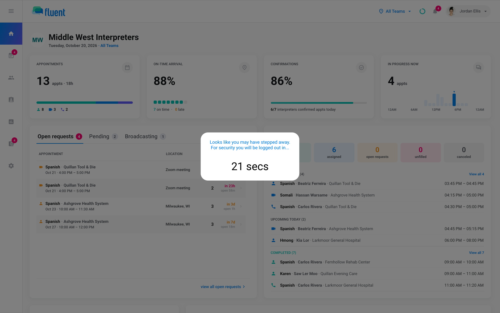 Dashboard with the "Looks like you may have stepped away." dialog that shows before Fluent signs you out