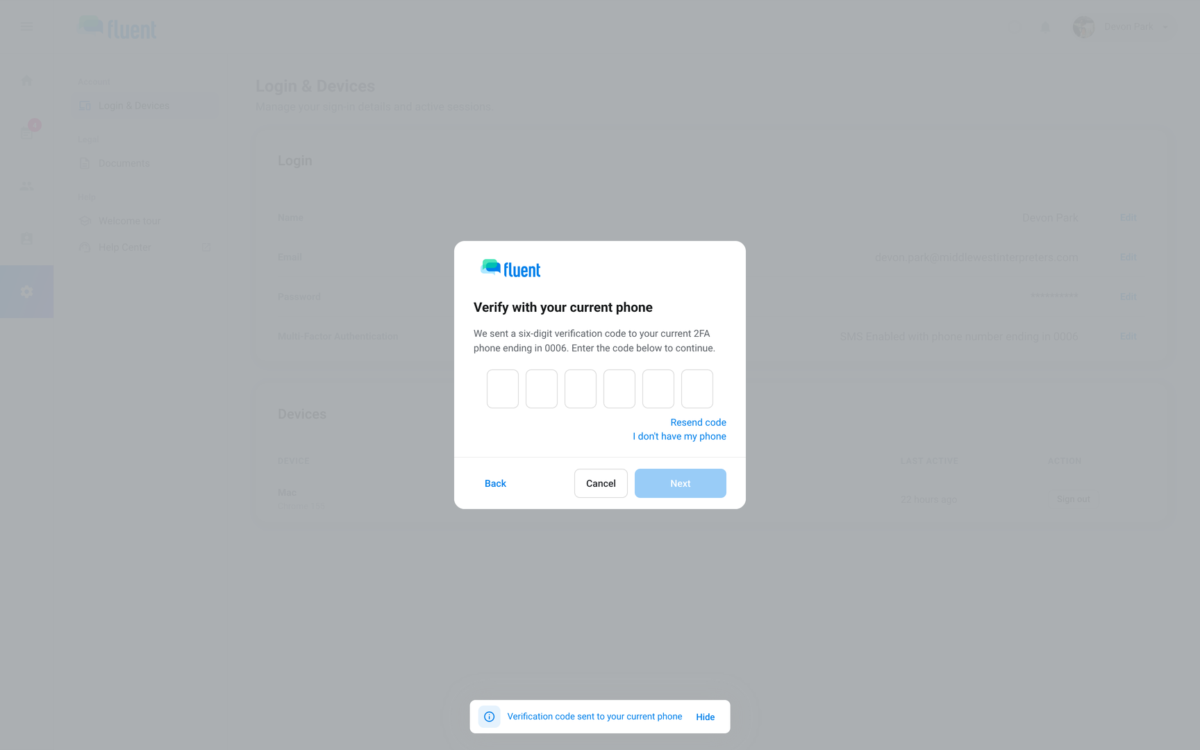 Settings › Login & Devices change phone dialog on Verify with your current phone, with I don't have my phone
