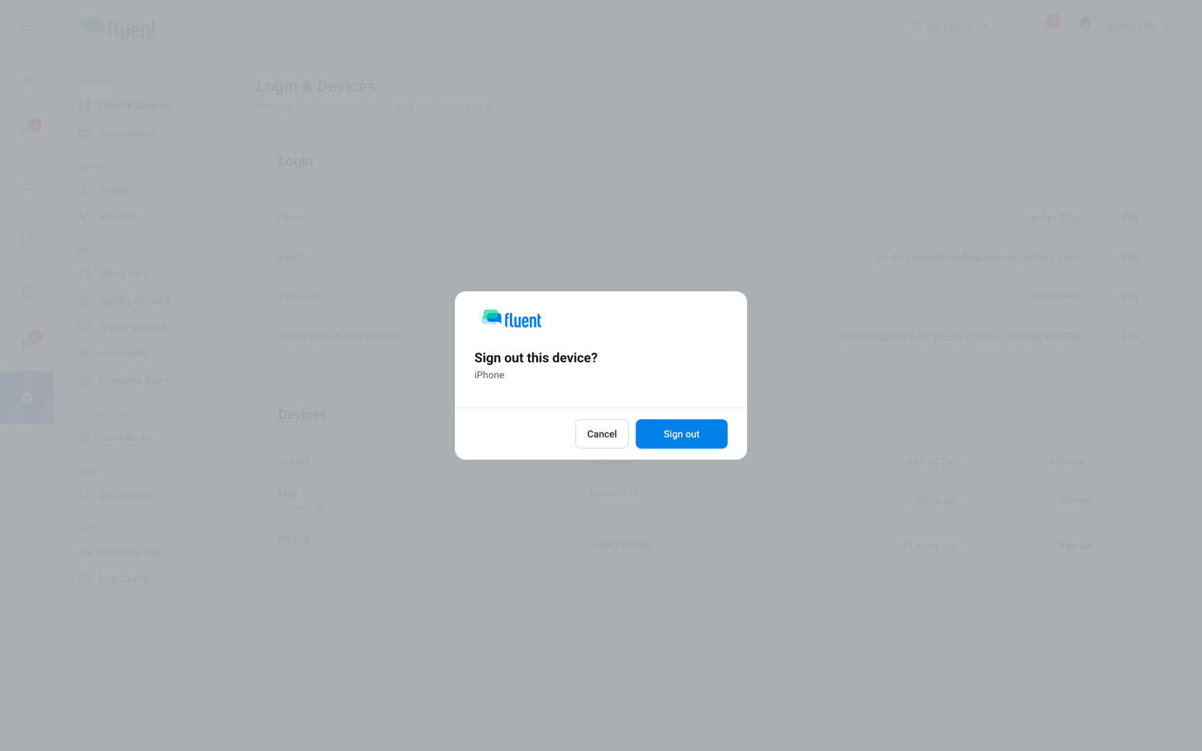 Settings › Login & Devices with the "Sign out this device?" dialog showing the device name and the Sign out button