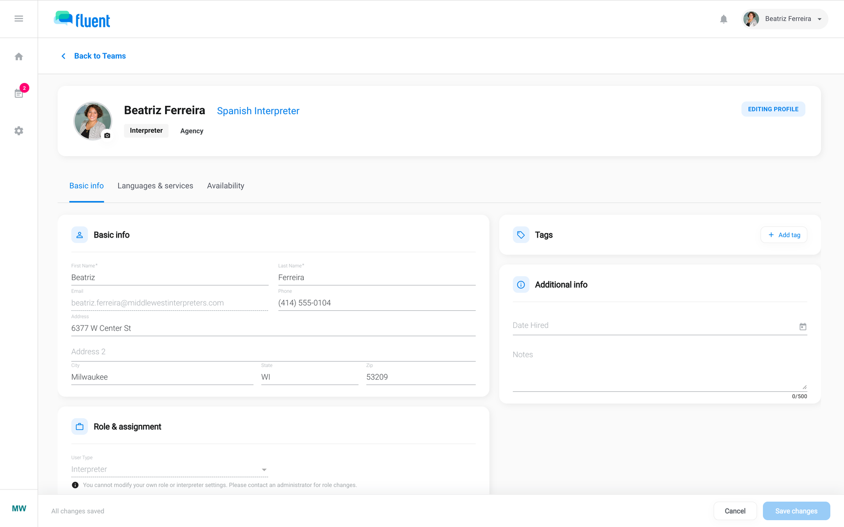 Profile in "Editing profile" mode with the Basic info, Languages & services and Availability tabs and the Save changes bar