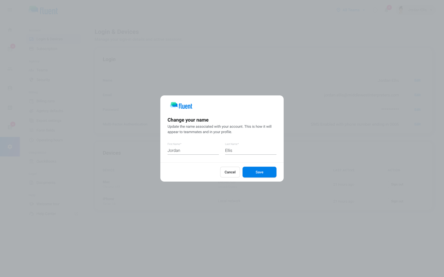 Settings › Login & Devices with the name dialog showing First Name, Last Name, and Save