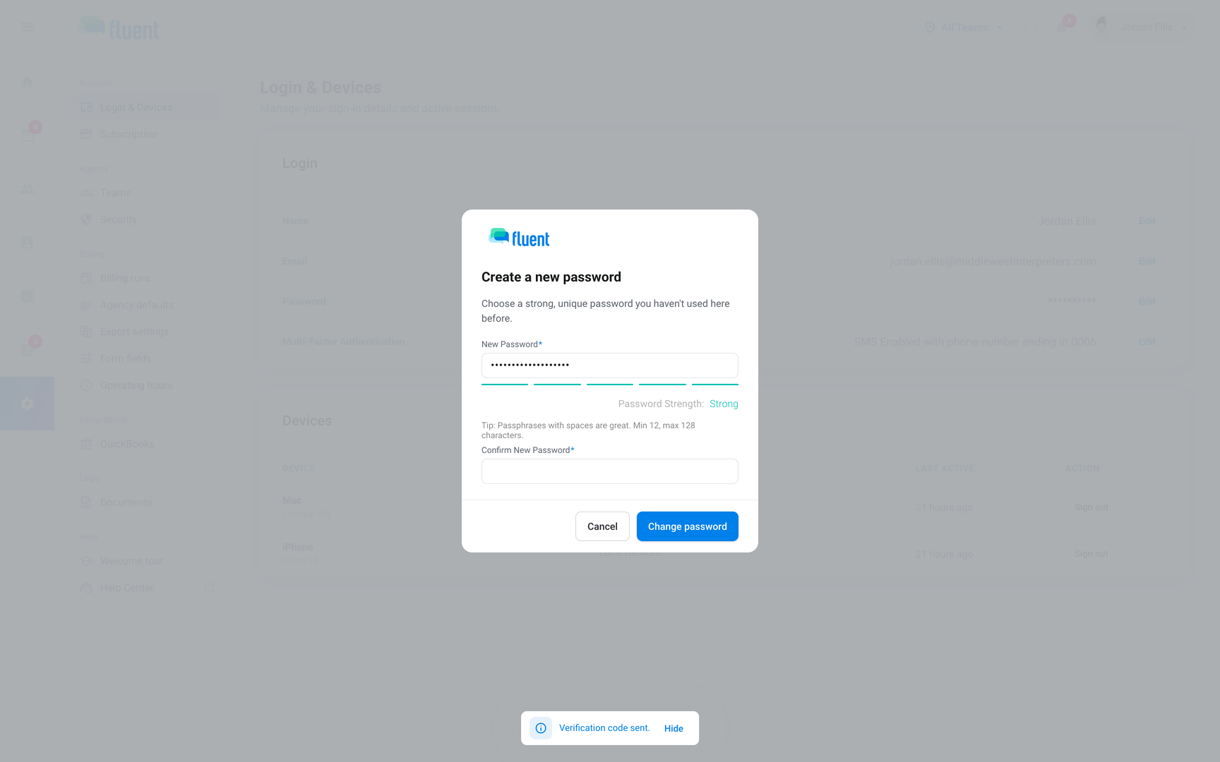 Settings › Login & Devices change password dialog with New Password, Confirm New Password, and Change password