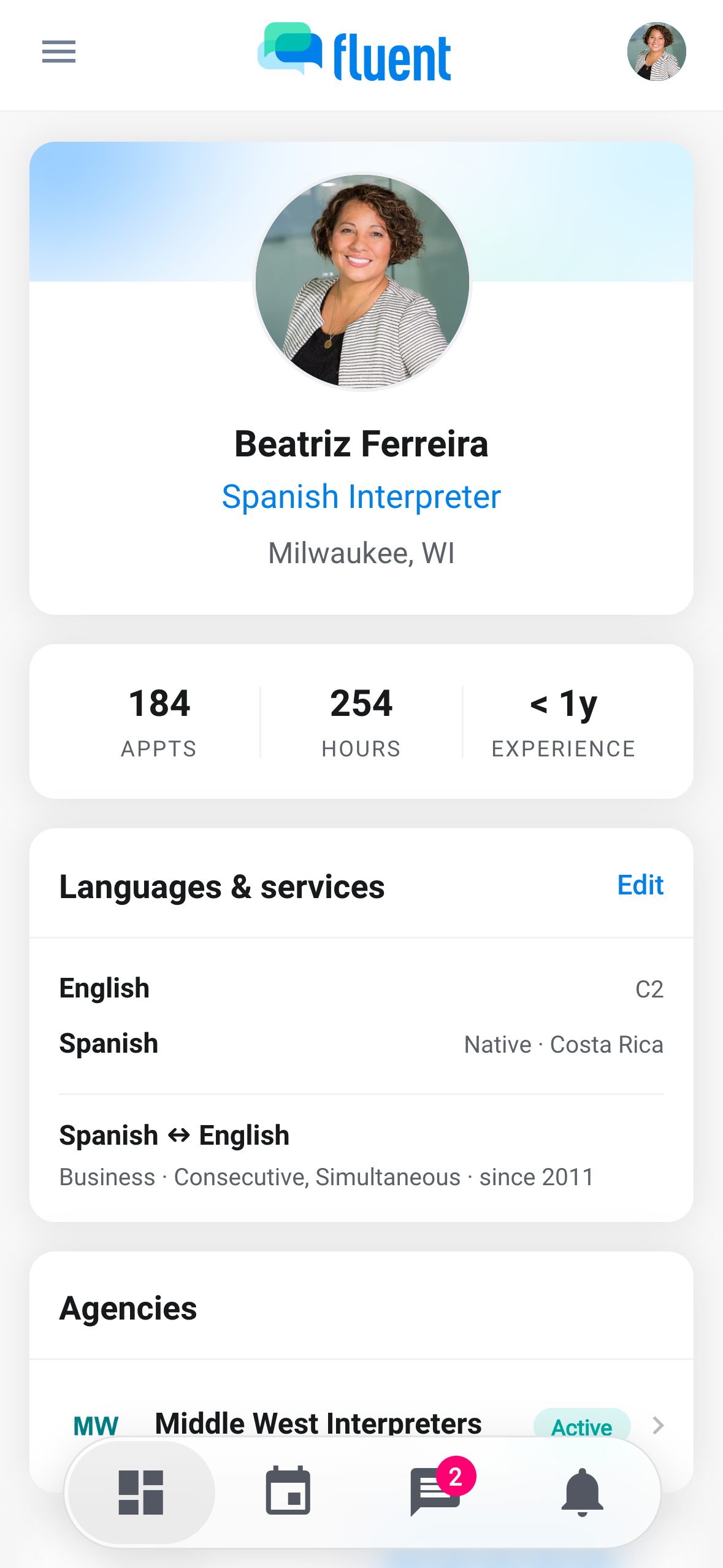 Mobile app profile screen with the photo, contact details, and Availability card, and no sign-in settings