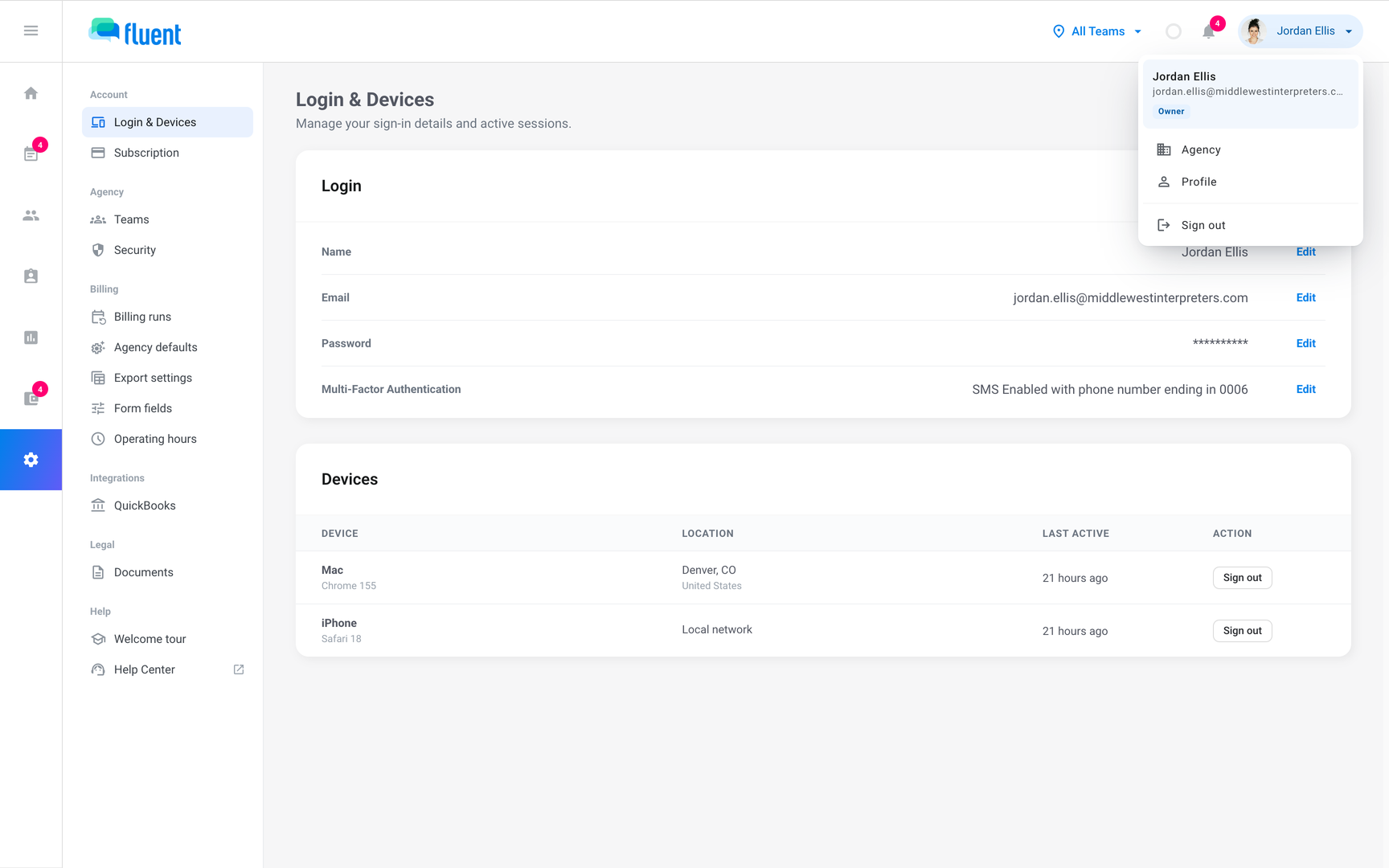 Settings › Login & Devices with the profile menu open at the top right showing Profile, Agency, and Sign out