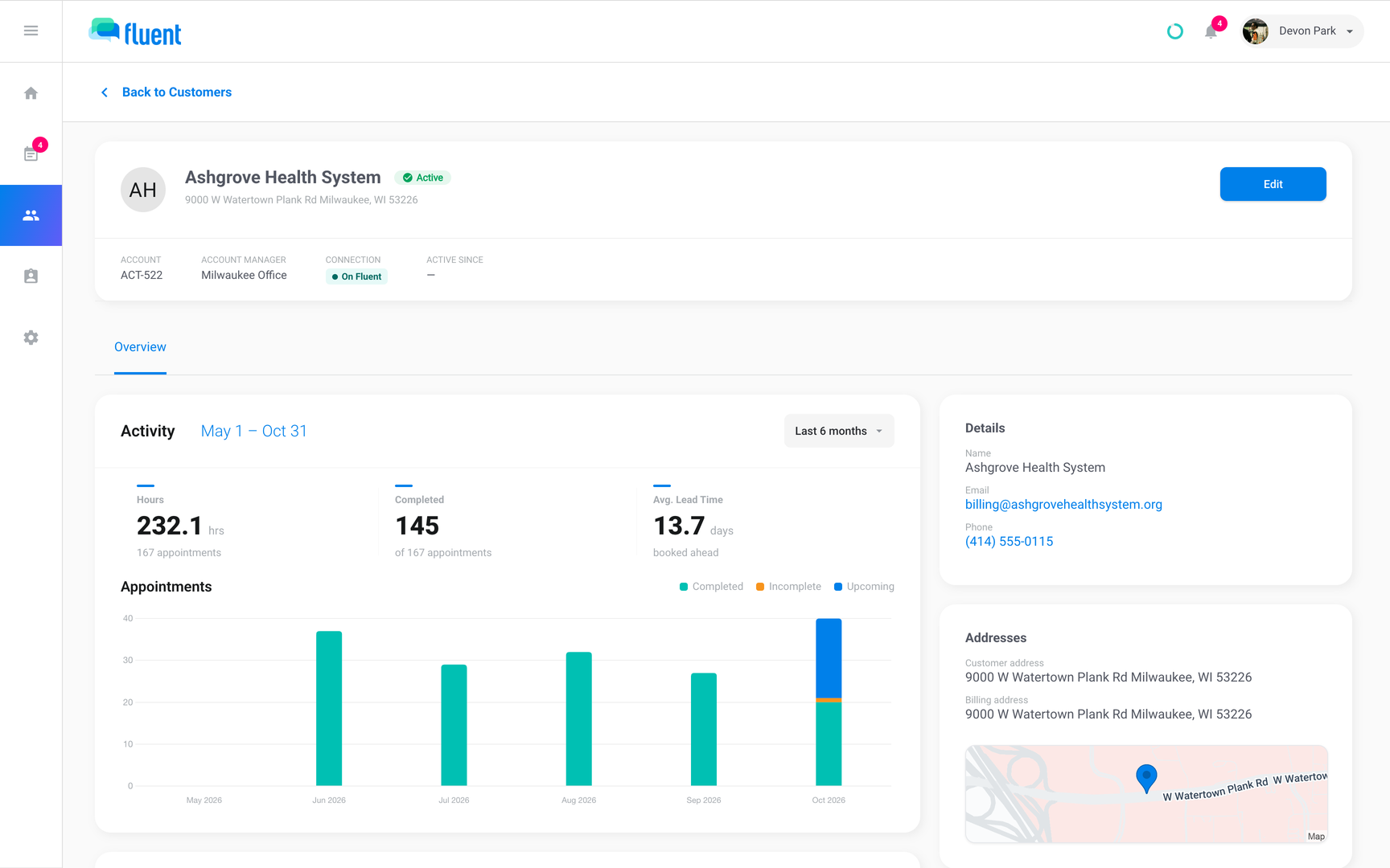 Customer page as a Scheduler, with only the Overview tab and the Hours, Completed, and Avg. Lead Time tiles