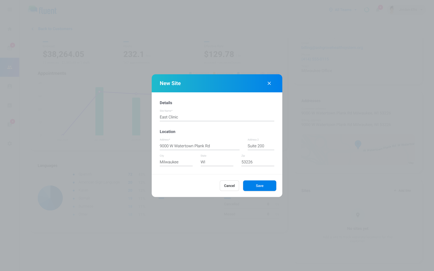 New Site dialog with Site Name, Address, City, State, and Zip filled in