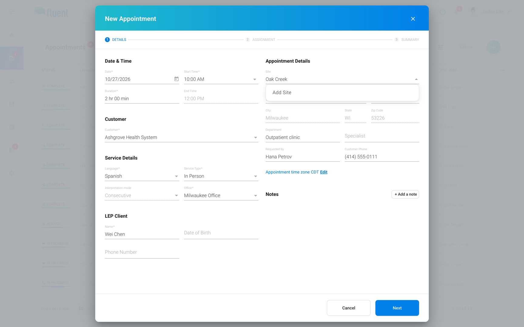 New Appointment dialog with Oak Creek typed in Site and the Add Site option showing