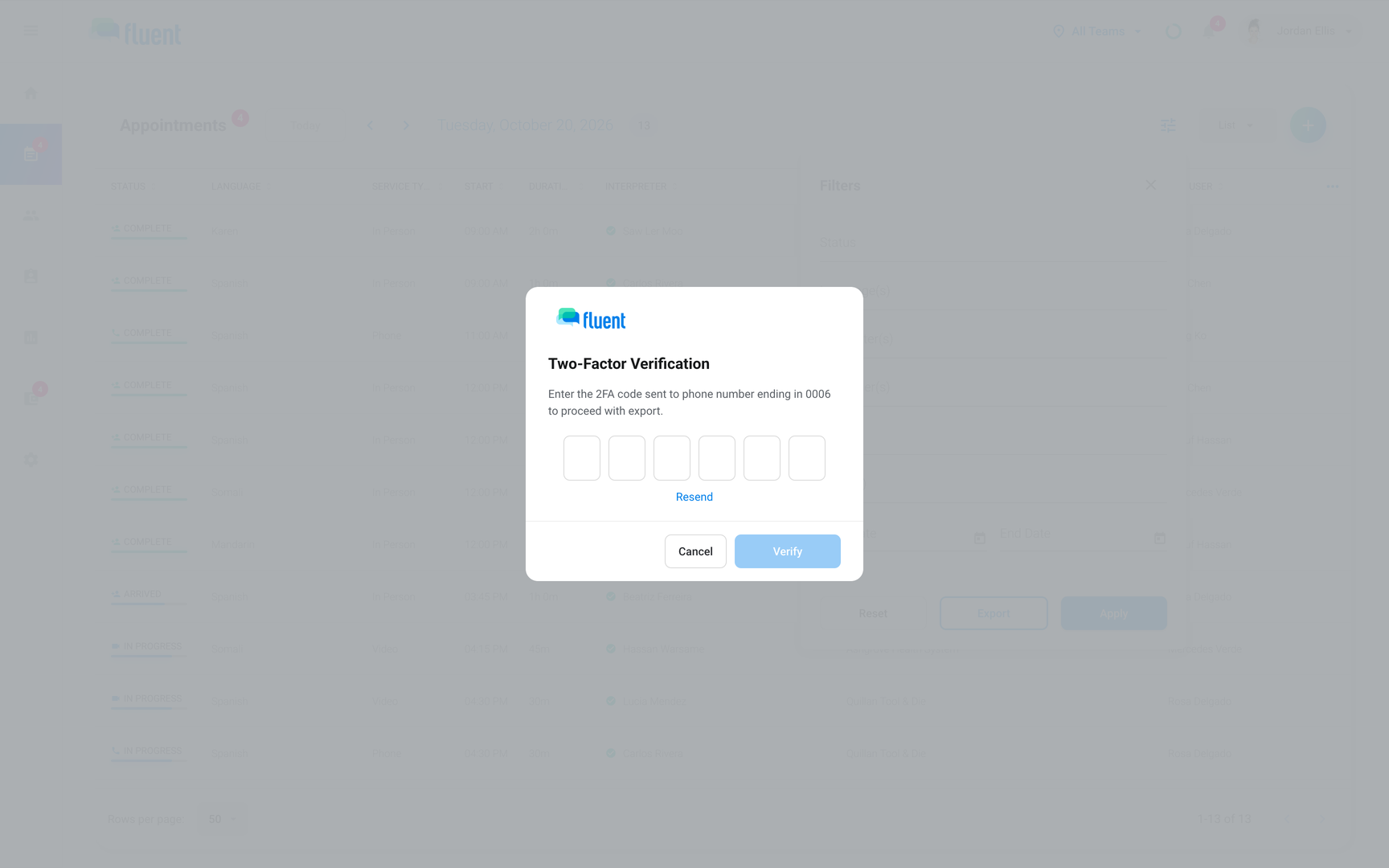 Appointments with the Two-Factor Verification dialog asking for the code sent to your phone before the export