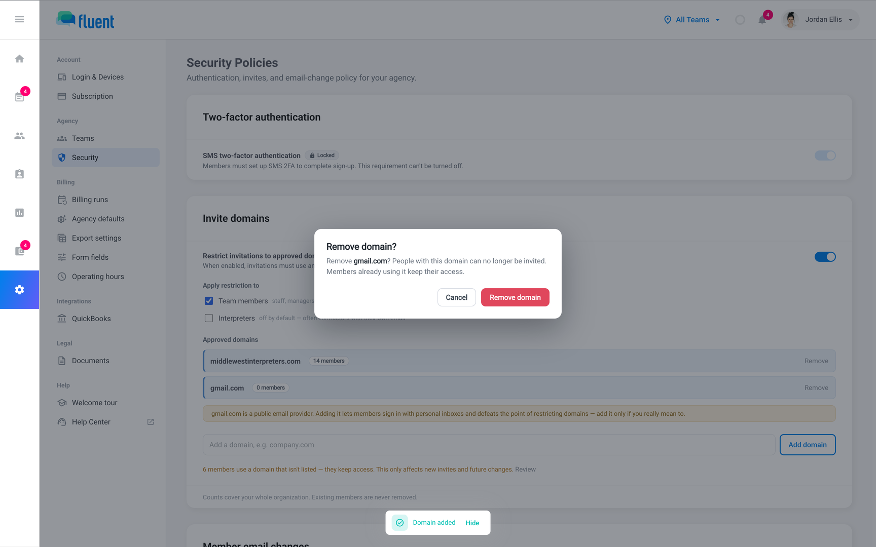Settings › Security with the Remove domain? dialog open for gmail.com