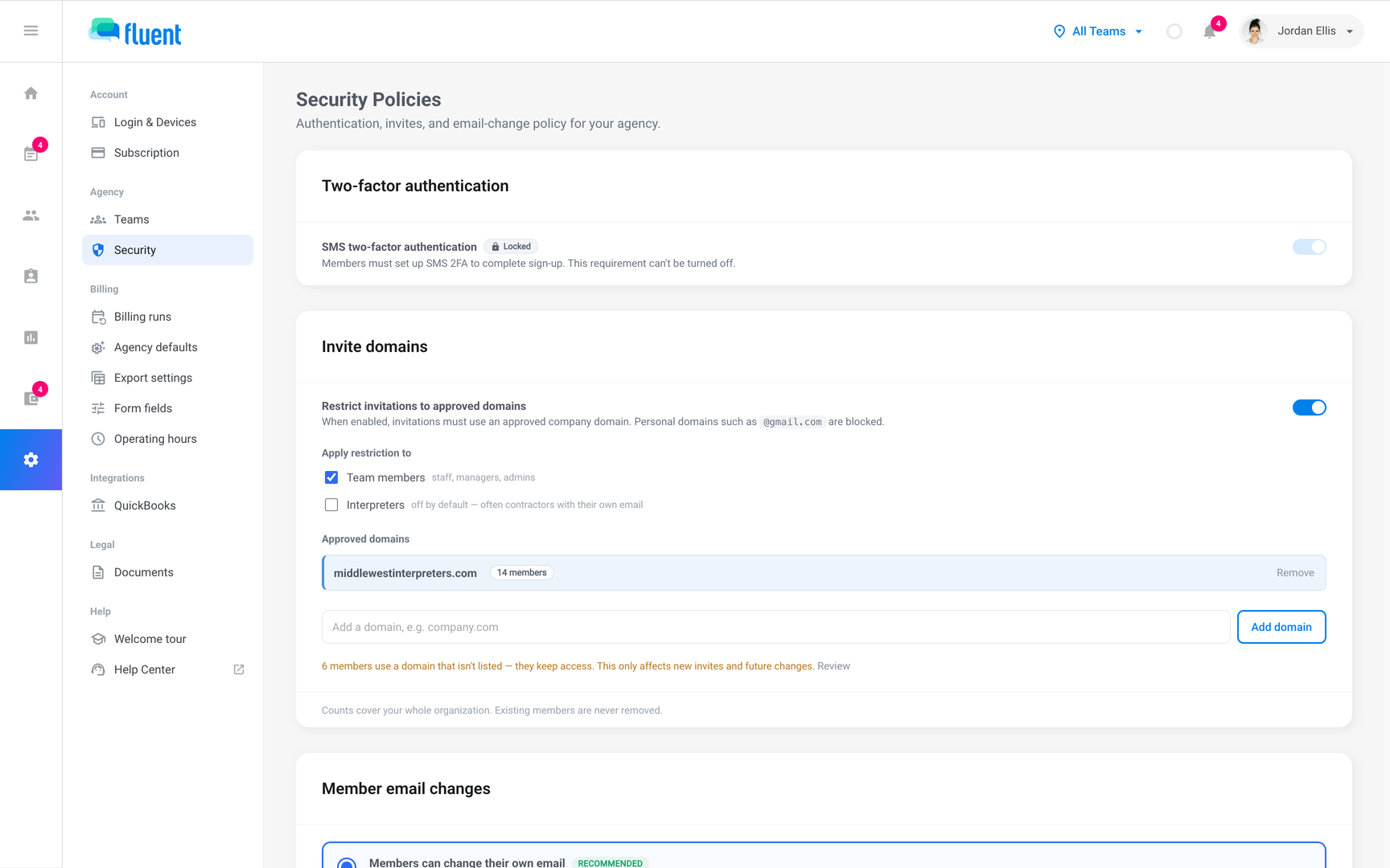 Settings › Security with the Two-factor authentication and Invite domains cards and an approved domain listed