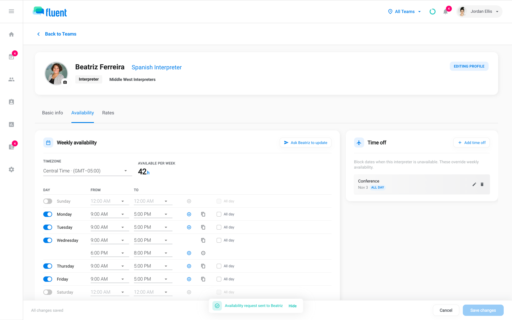 Profile Availability tab after Ask Beatriz to update, showing "Availability request sent to Beatriz"