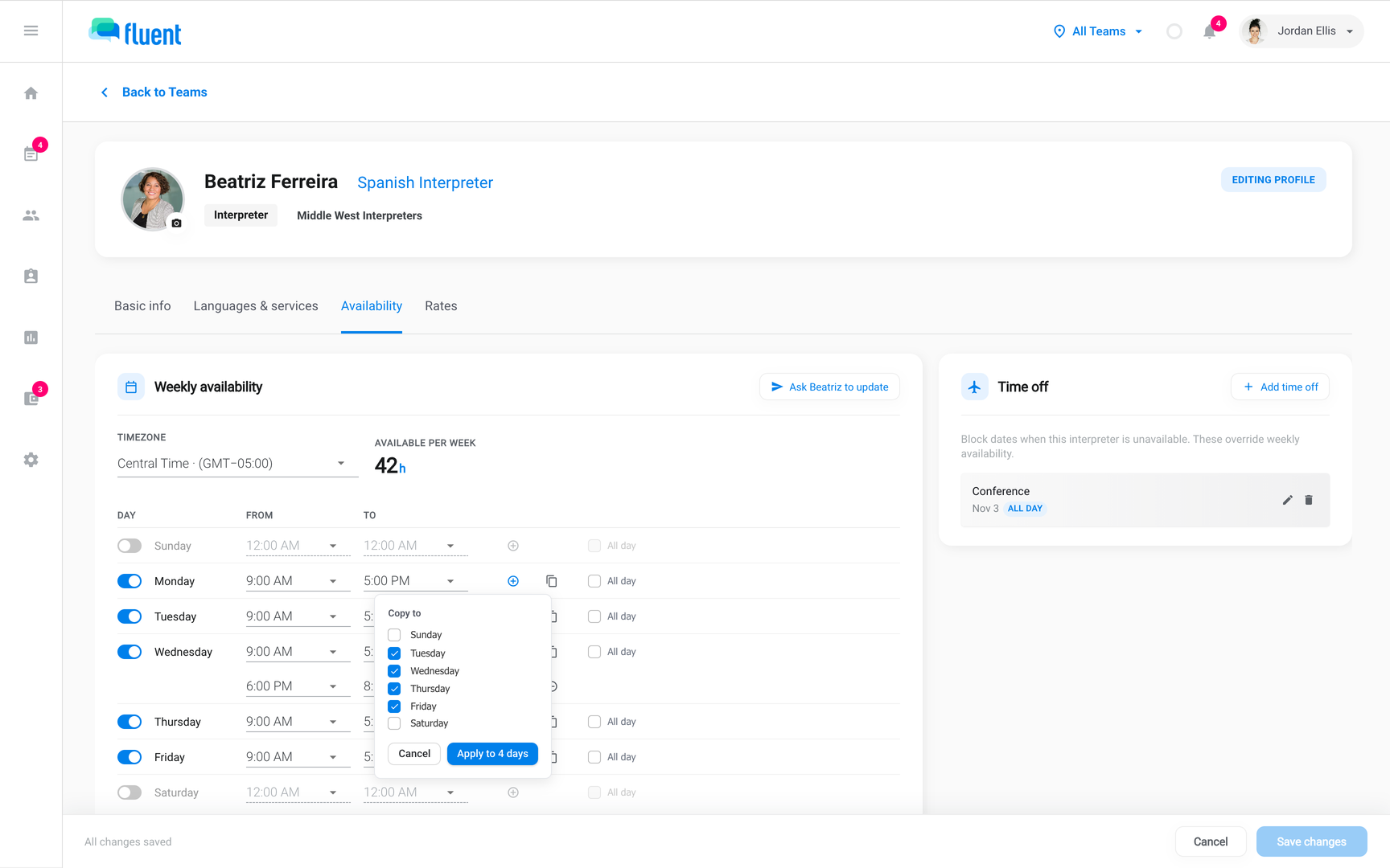 Edit Profile Availability tab while editing weekly hours, with the Copy hours to other days popover open