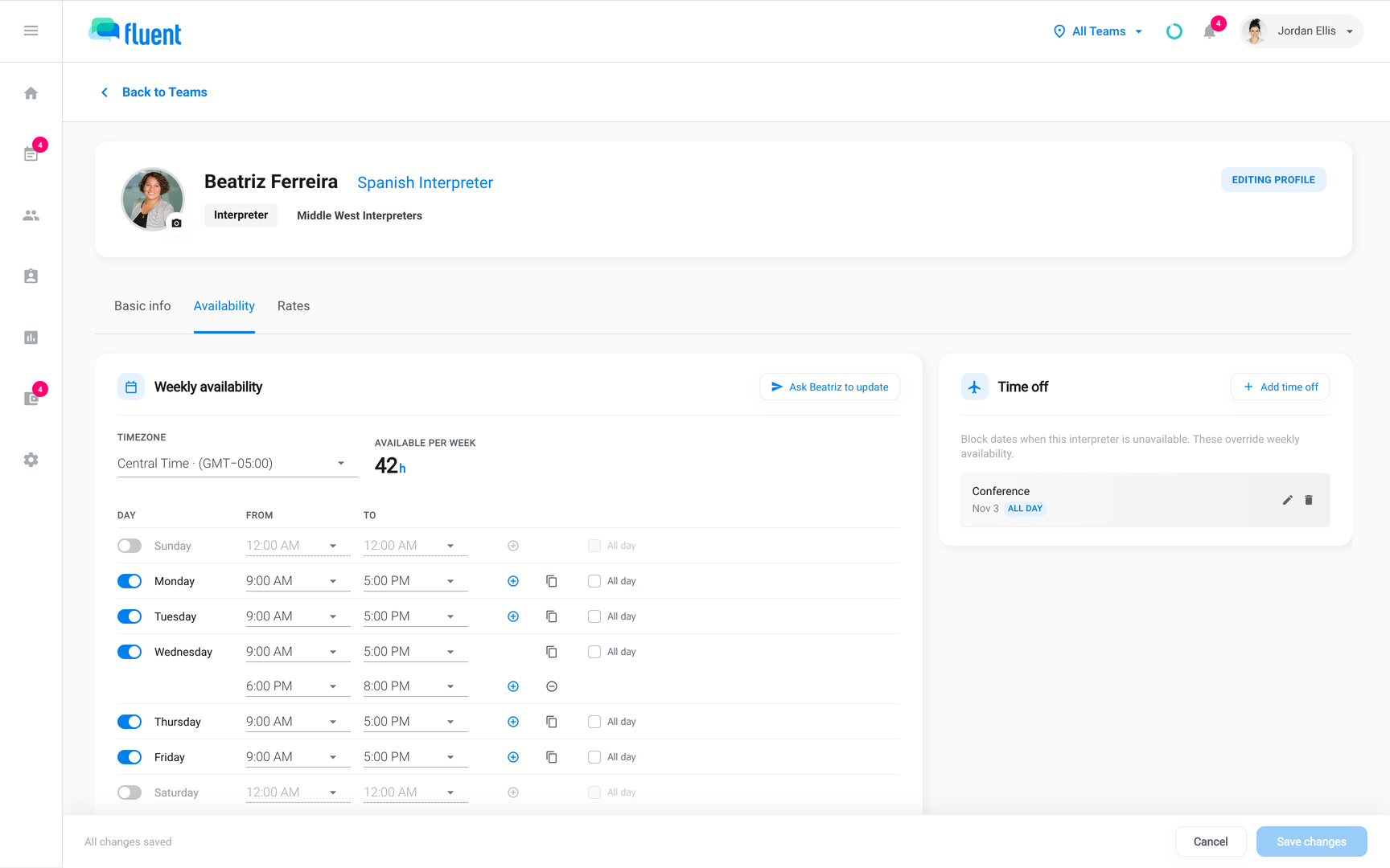 Edit Profile Availability tab with weekly hours, Available per week, Ask Beatriz to update, and one time off entry