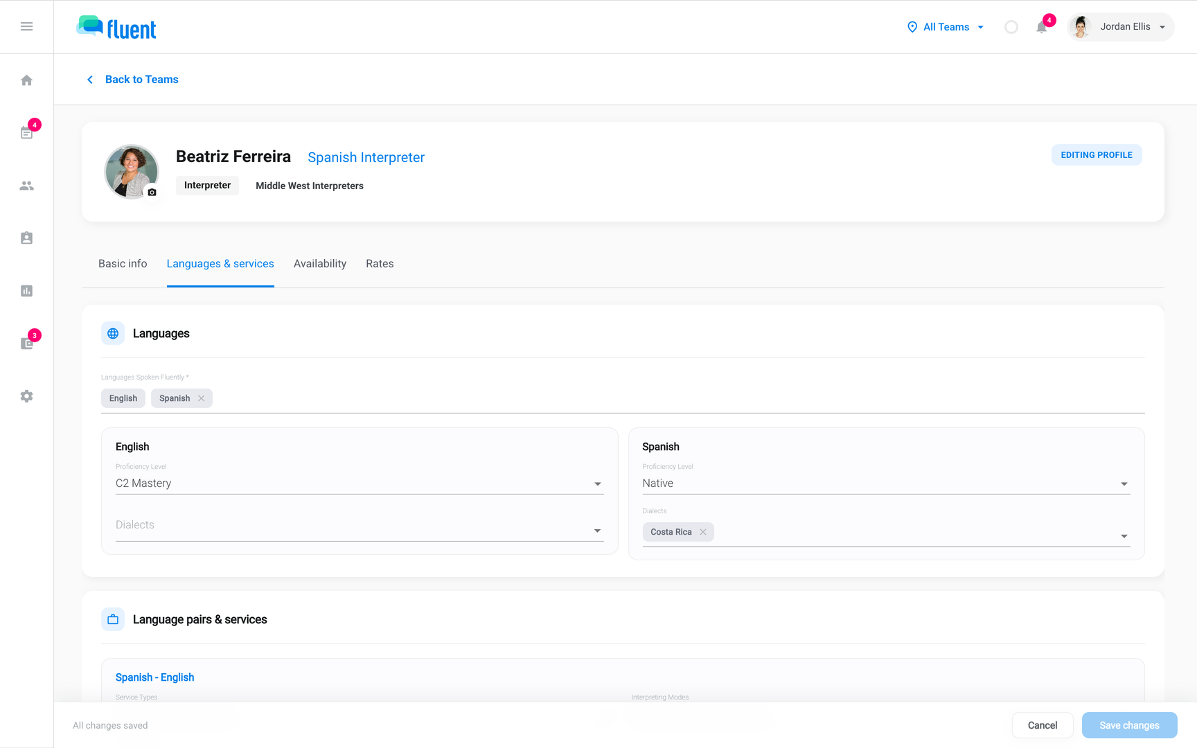 Languages & services tab with the Spanish - English pair showing Service Types, Interpreting Modes, and Certifications