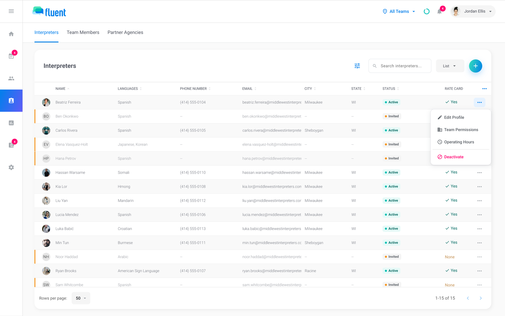 Team › Interpreters with an interpreter's row menu open, showing Edit Profile, Team Permissions, and Operating Hours