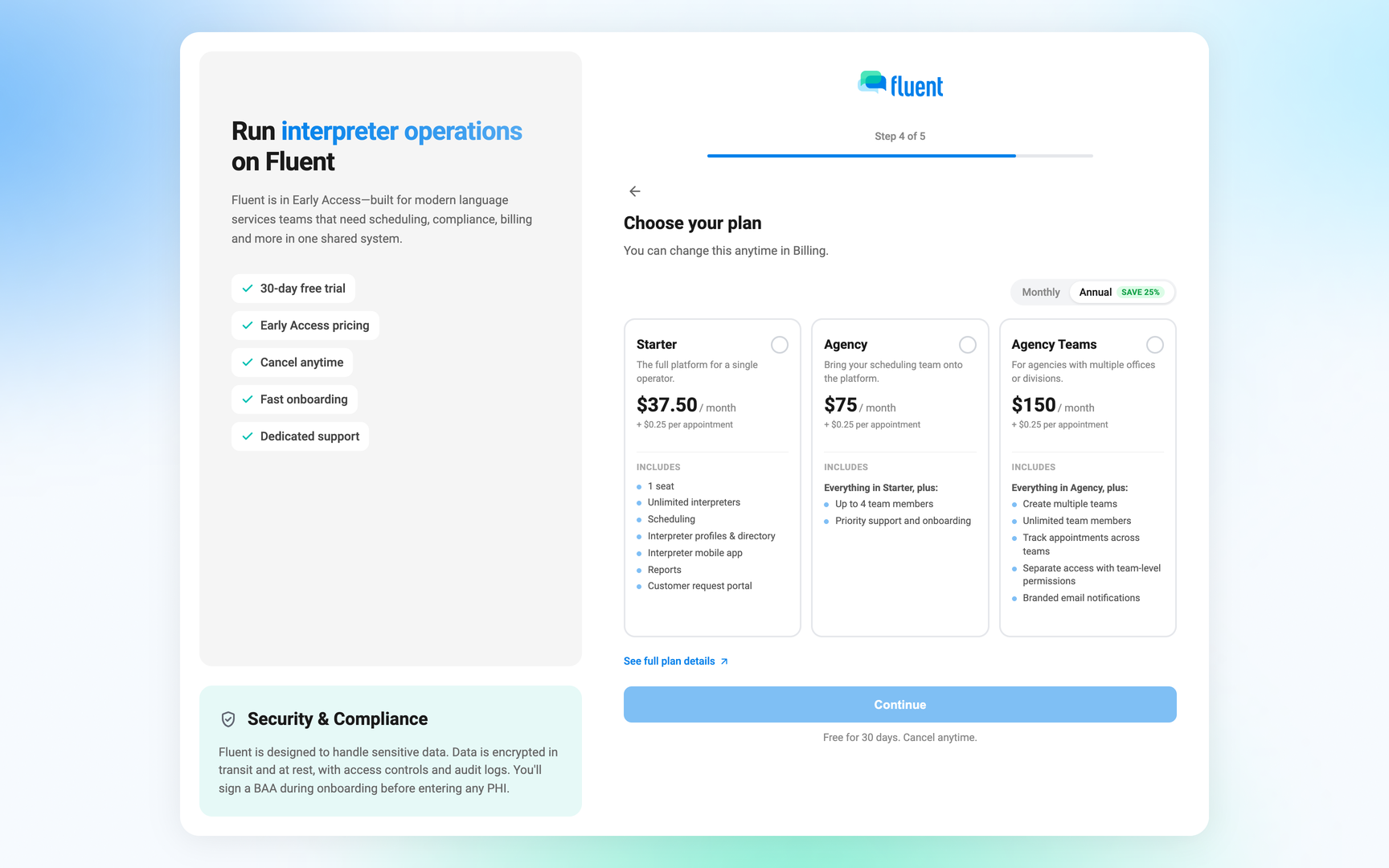 Signup "Choose your plan" step with the Monthly and Annual toggle and the Starter, Agency, and Agency Teams cards