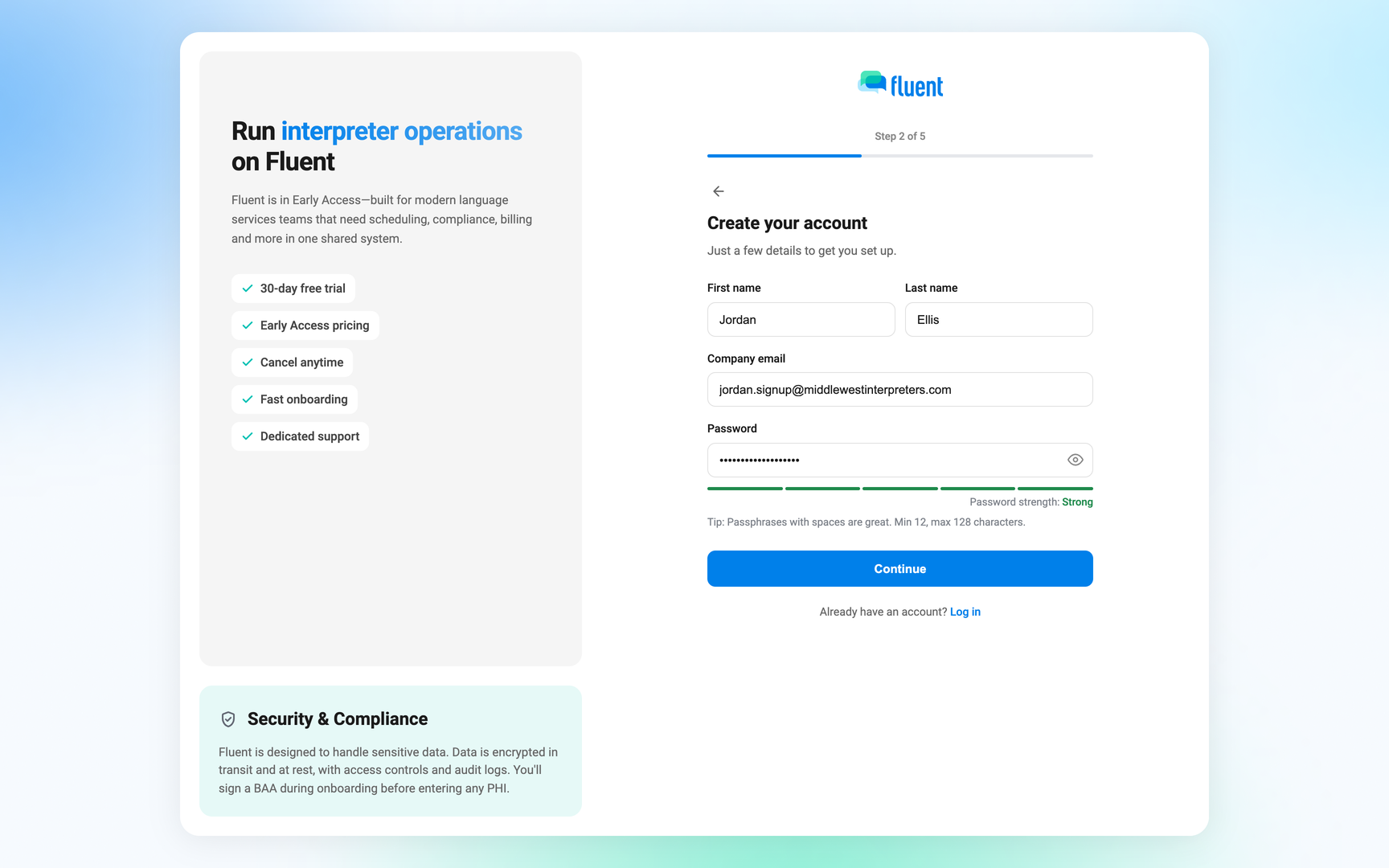 Signup step 2, Create your account, with First name, Last name, Company email, and Password filled in