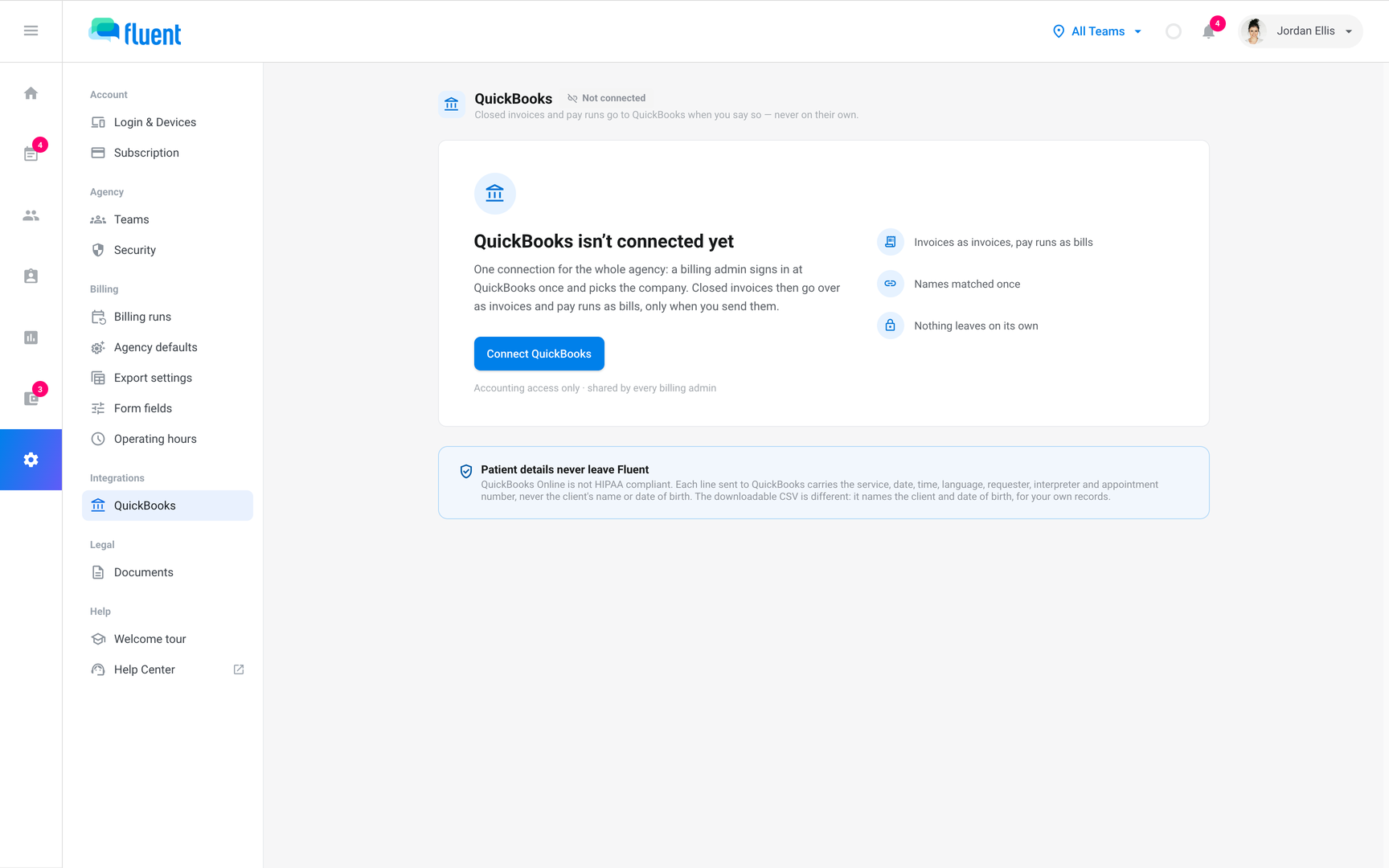 Settings › QuickBooks before connecting, with the Connect QuickBooks button and the Not connected pill