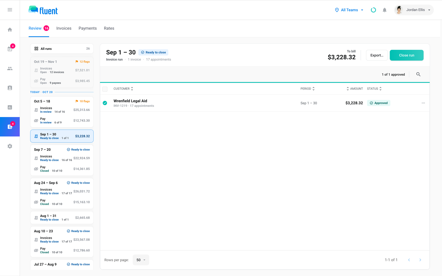 Billing › Review run header showing Ready to close with the Export… and Close run buttons