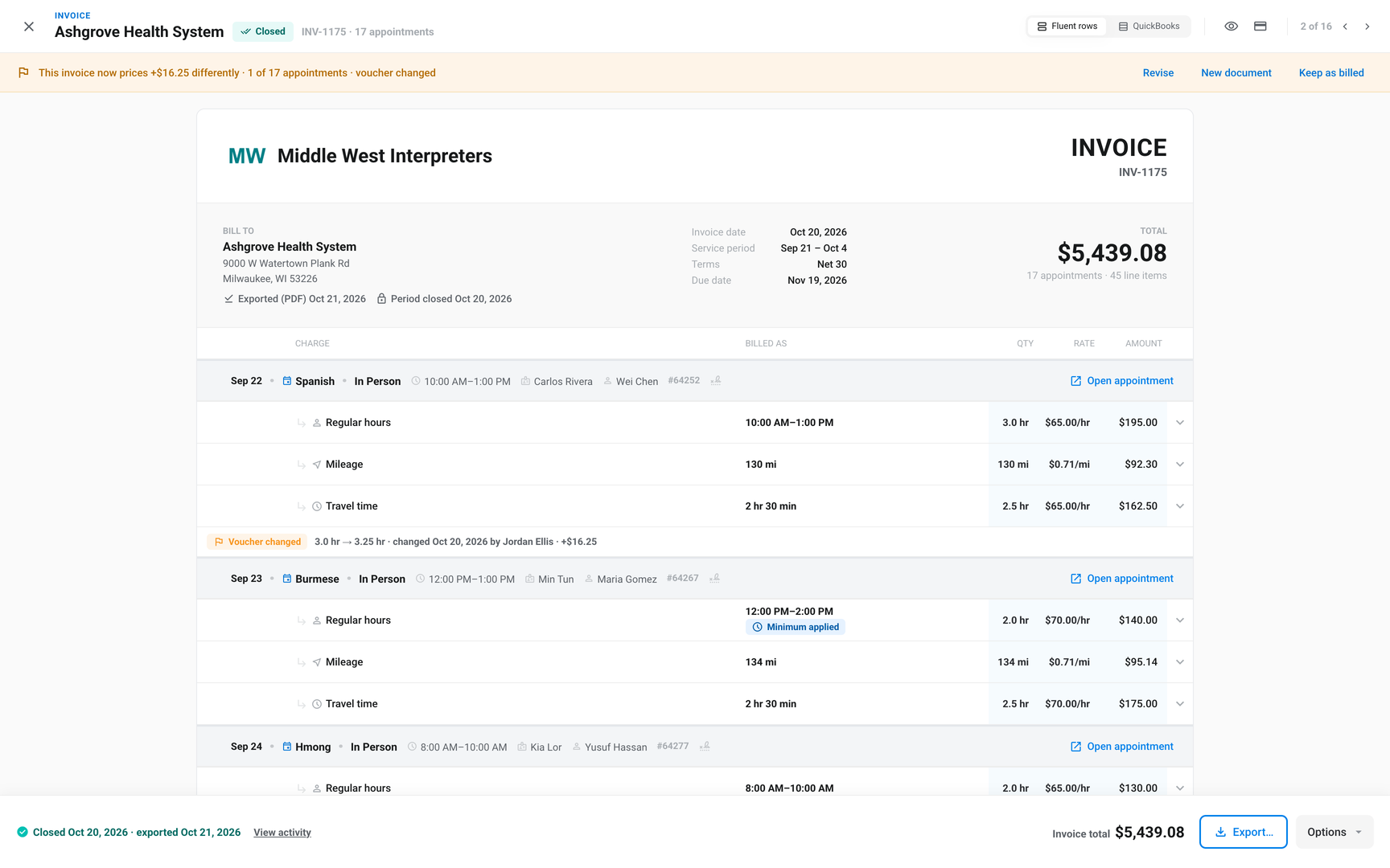 Closed invoice with the Prices differently since close flag and its Revise, New document and Keep as billed buttons