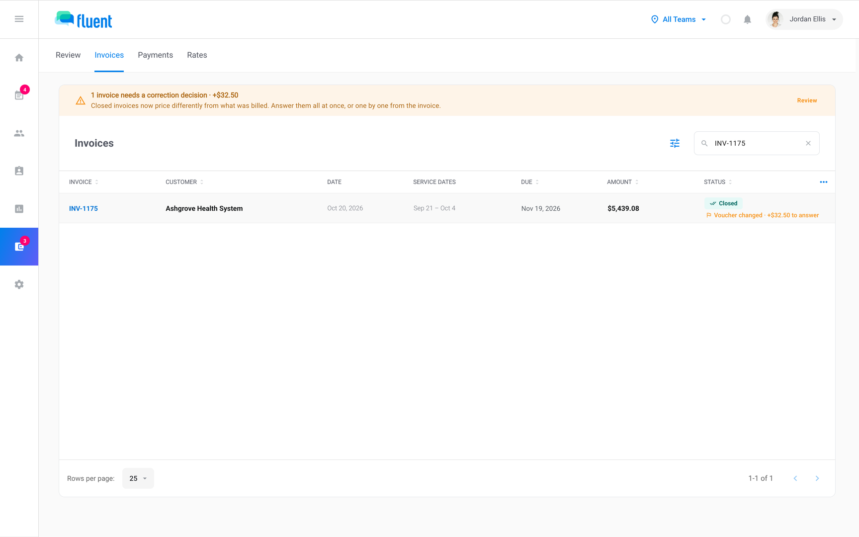 Billing › Invoices with the correction decision banner and Status lines reading "Rate change · +$X to answer"