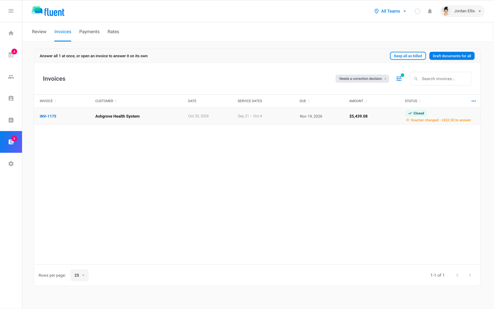 Billing › Invoices filtered to Needs a correction decision, with Keep all as billed and Draft documents for all