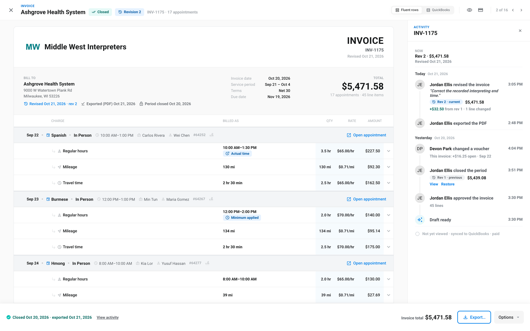 Invoice Activity panel with the Now block, the revision entry and its reason, and View and Restore on revision 1