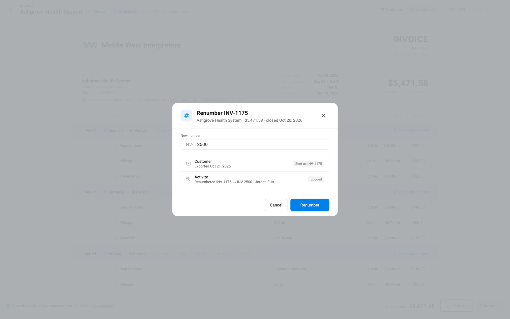 "Renumber INV-x" dialog with the New number field, the Customer and Activity rows, and the Renumber button