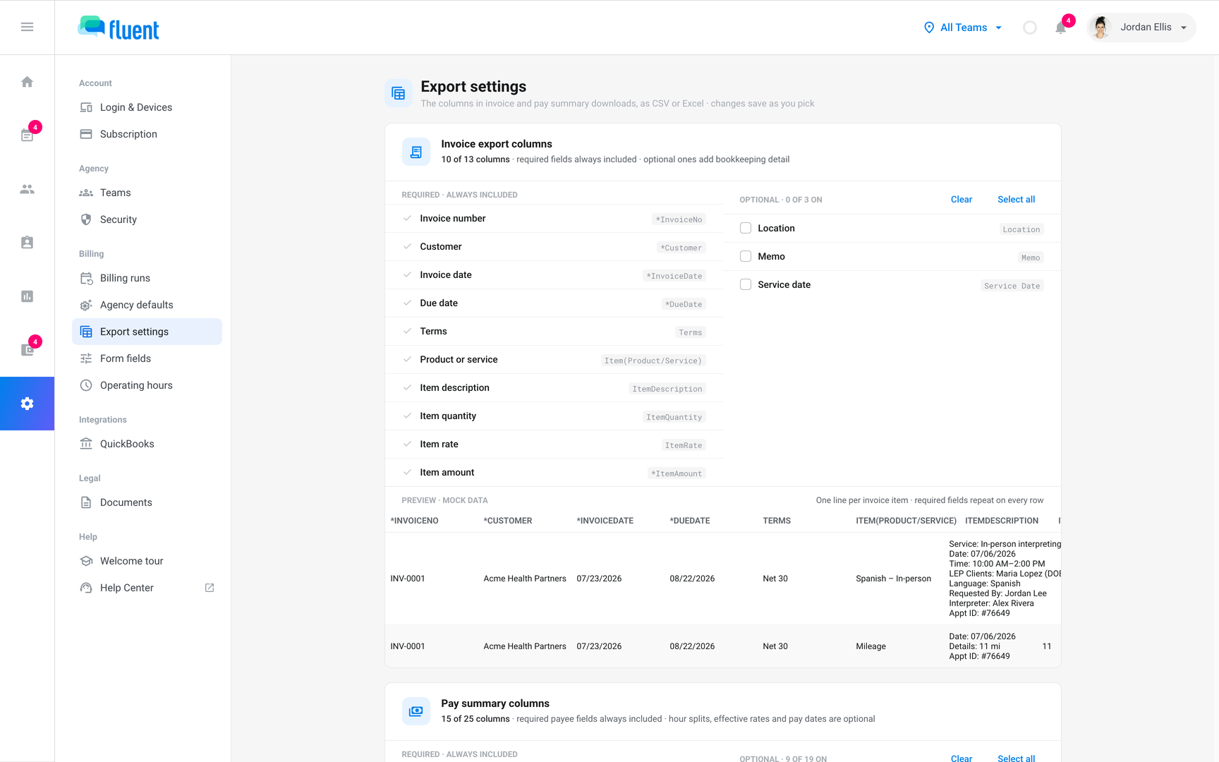 Settings › Export settings with the Invoice export columns card, its Optional list, and the preview table