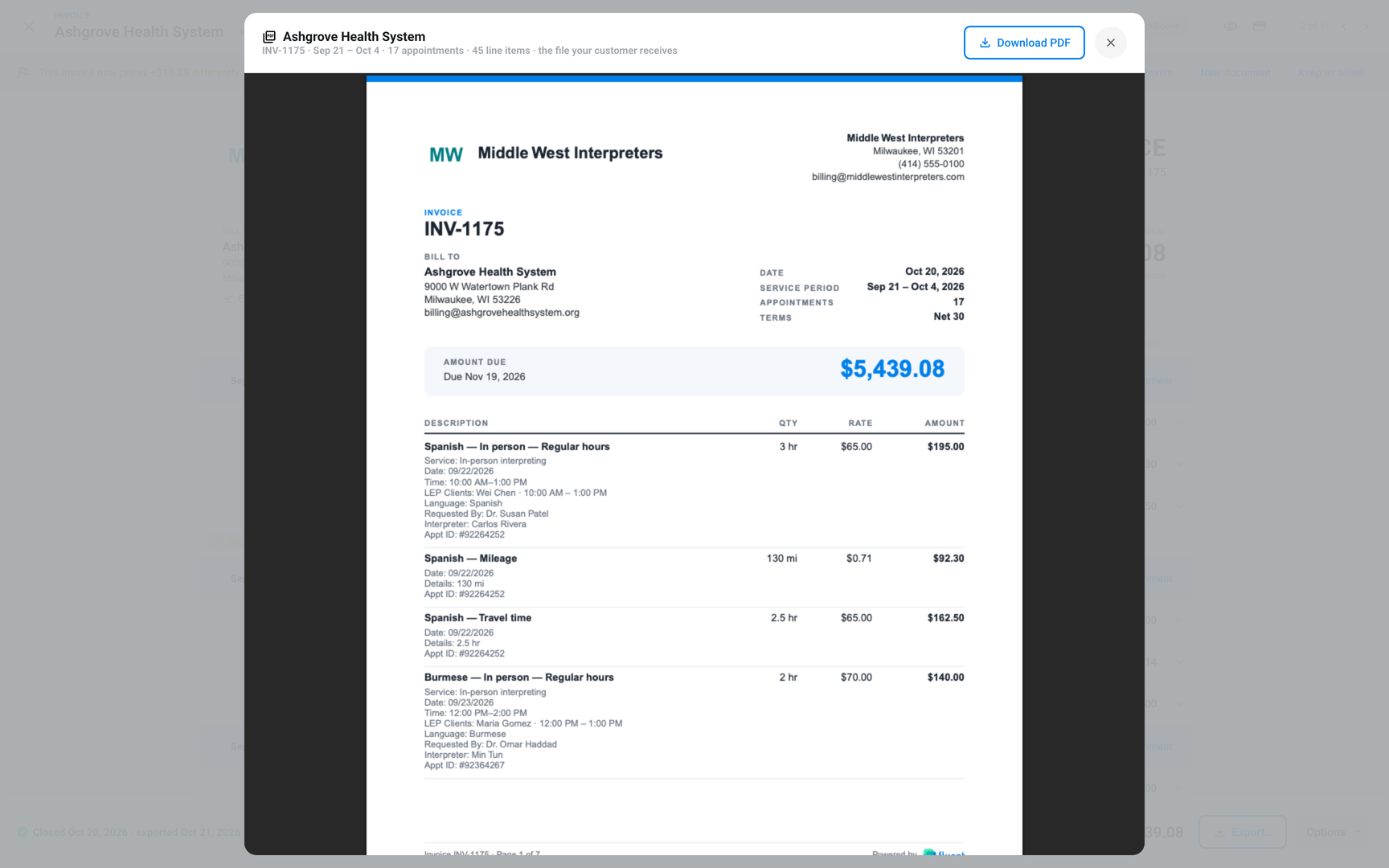 Invoice preview dialog showing the PDF a customer receives, with the Download PDF button