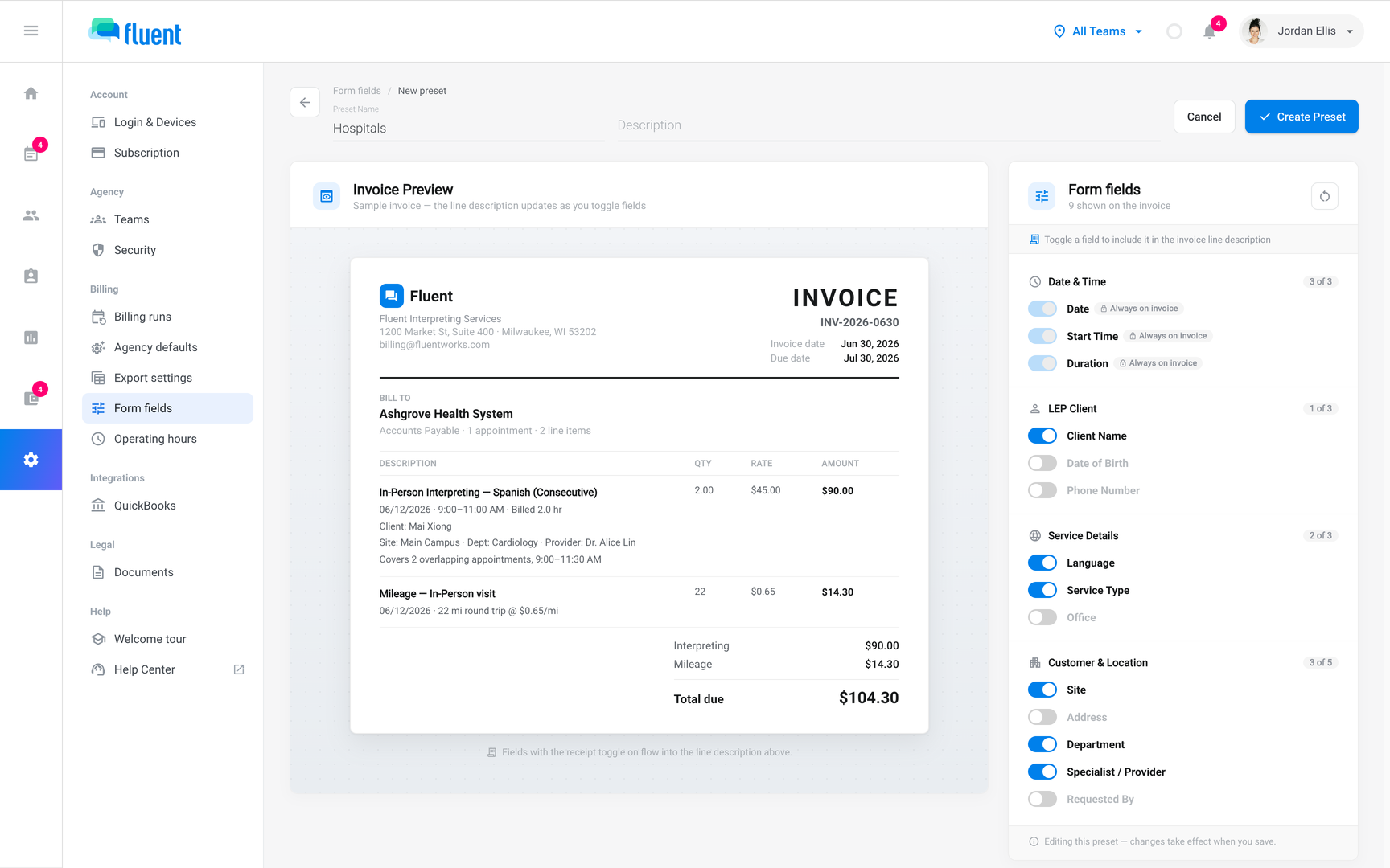 Settings › Form fields preset editor with the Invoice Preview and the field toggles