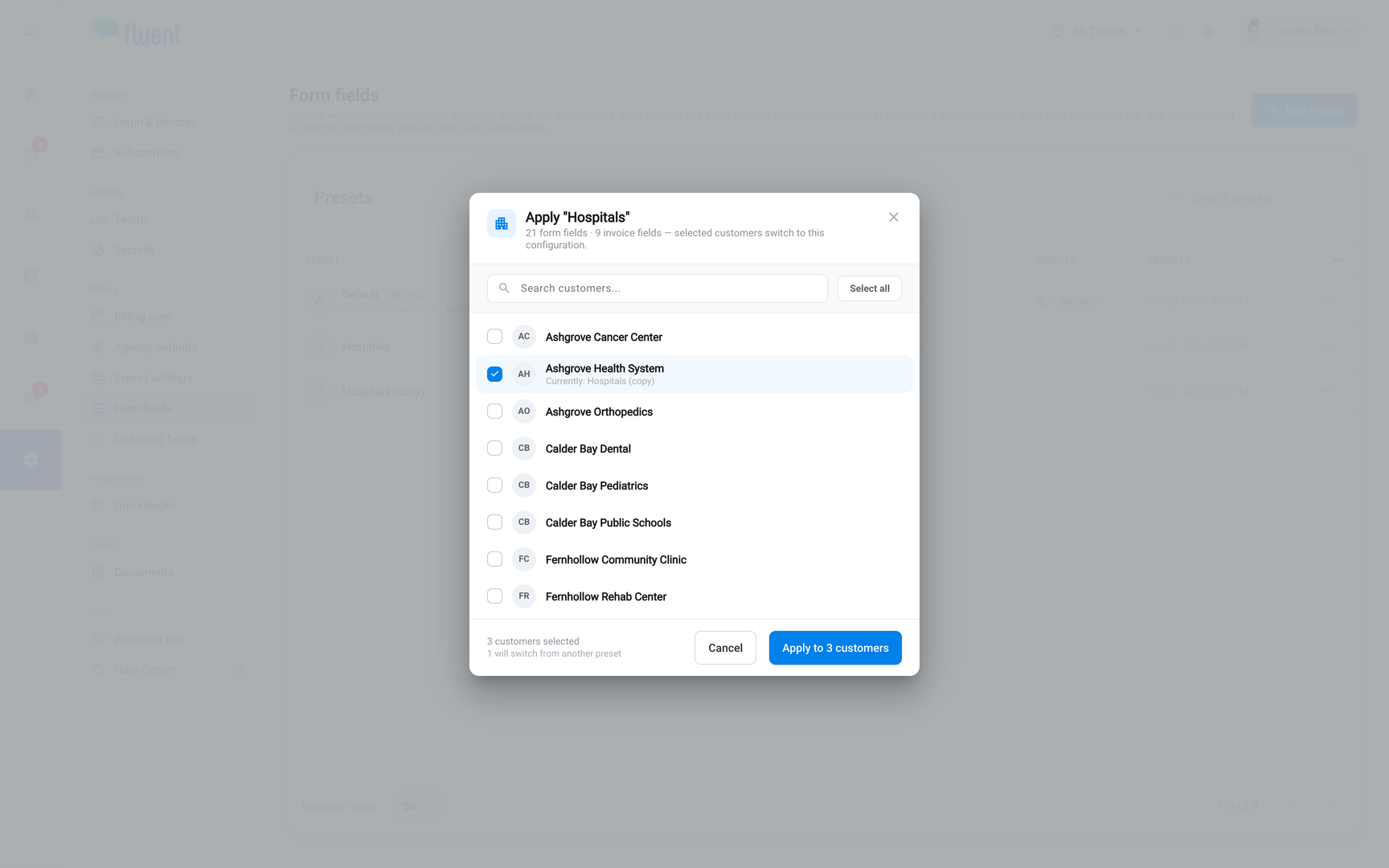 Apply to customers dialog with 3 customers selected and the Apply to 3 customers button