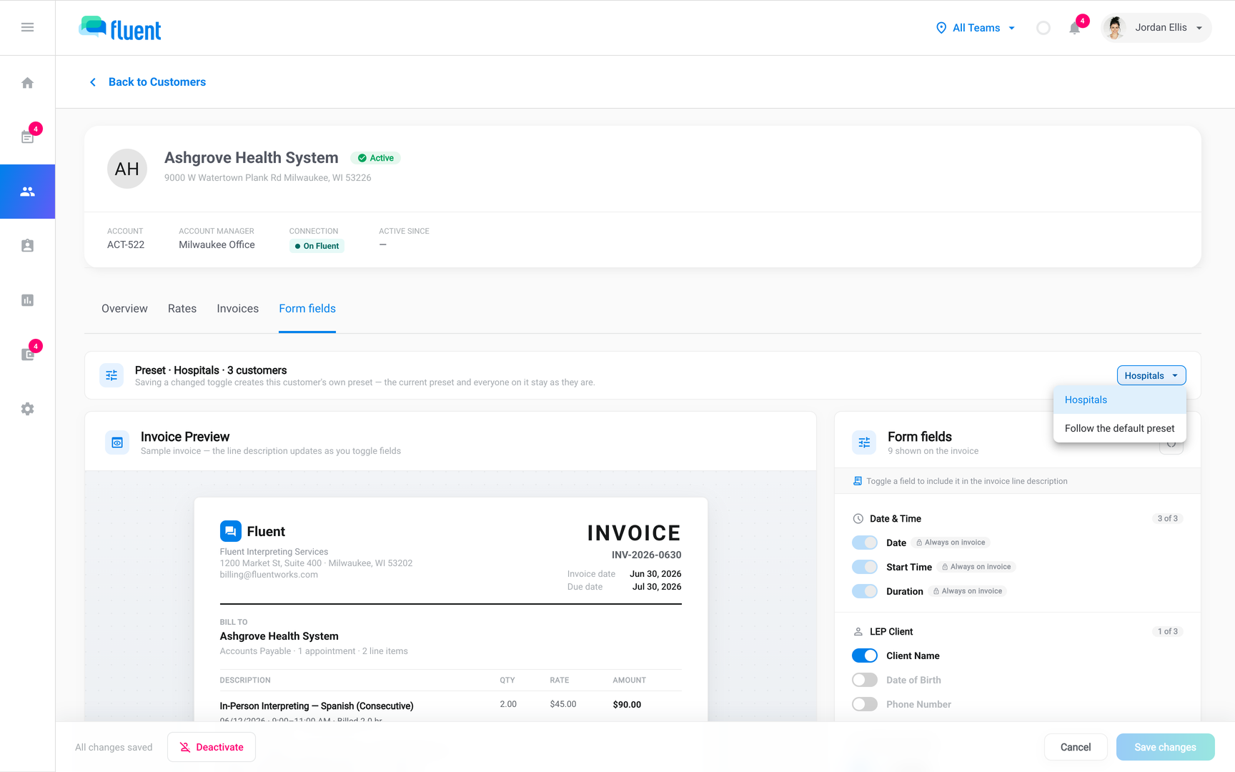 Customer page Form fields tab in edit mode with the preset menu open