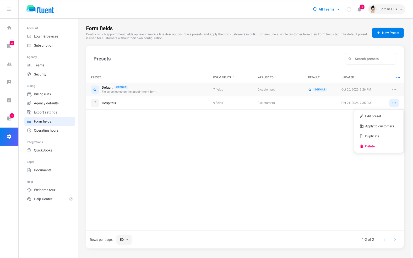 Settings › Form fields with a preset's row menu open: Edit preset, Apply to customers, Duplicate, Delete
