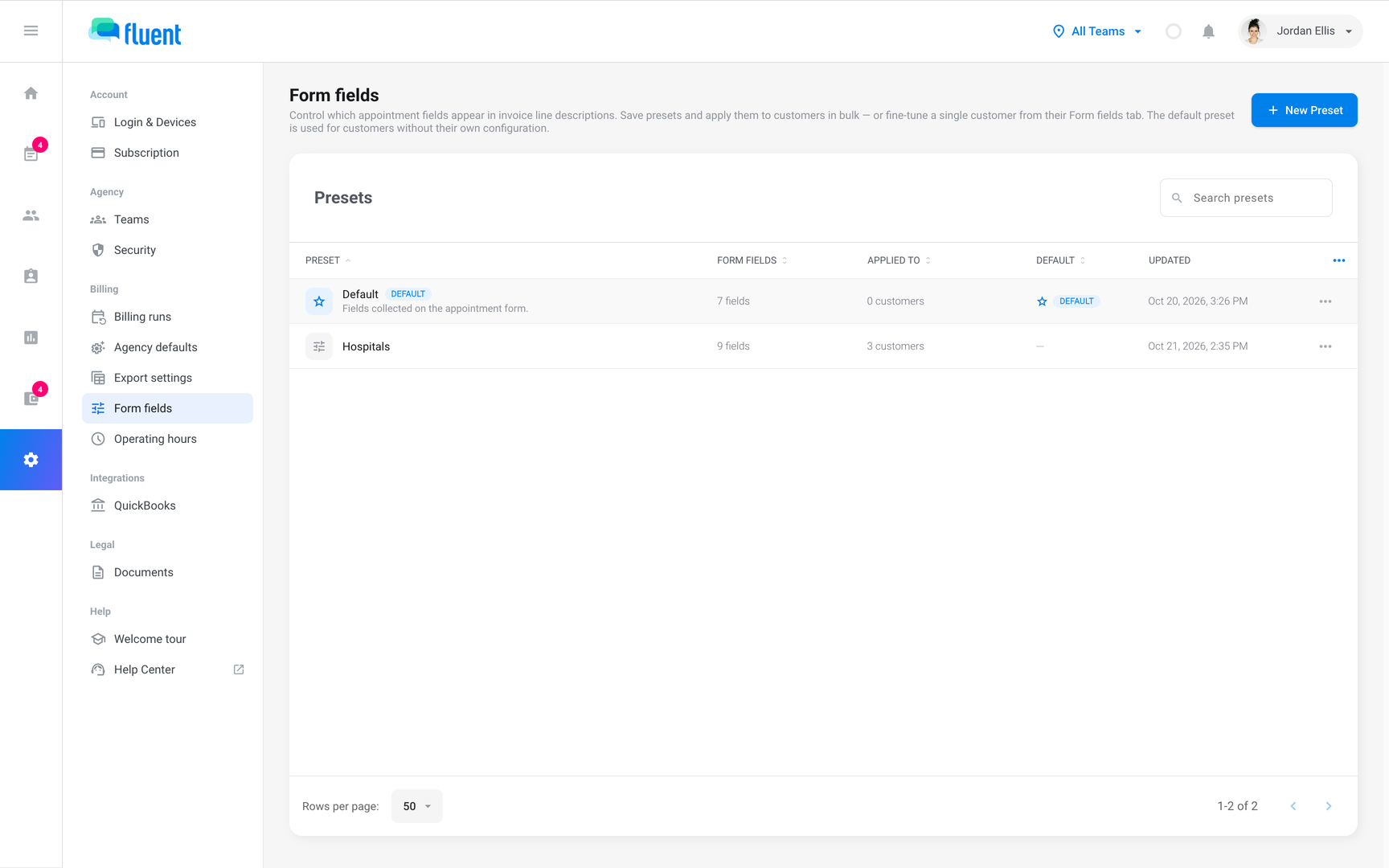 Settings › Form fields with the Presets table, the Default preset first, and the New Preset button