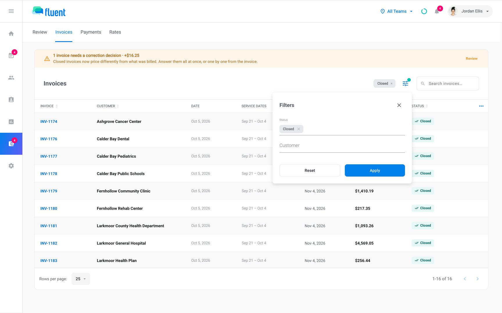Billing › Invoices with the Status filter set to Closed and the list sorted by Due
