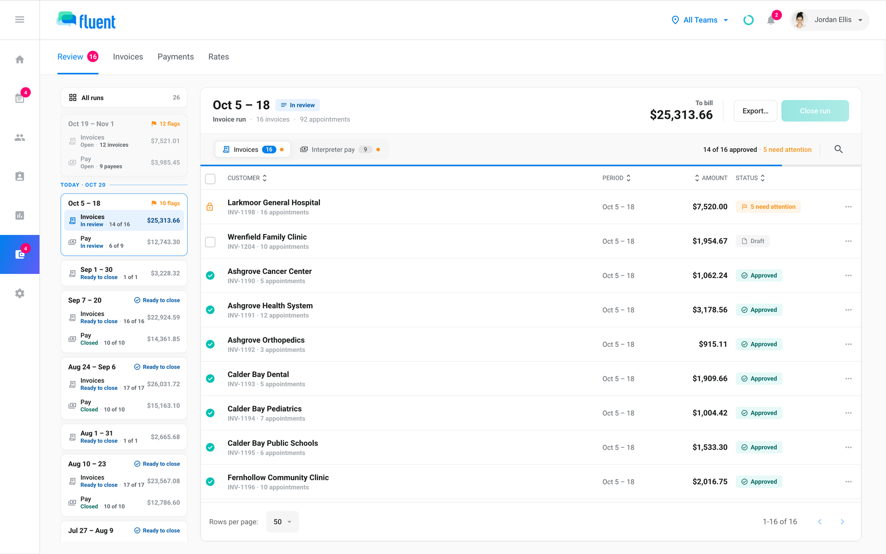 Billing › Review invoice run with its invoice table showing approvable, locked, and approved rows
