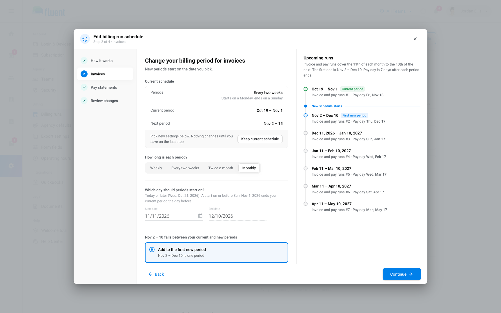 Edit billing run schedule dialog on the Invoices step with the leftover days choice