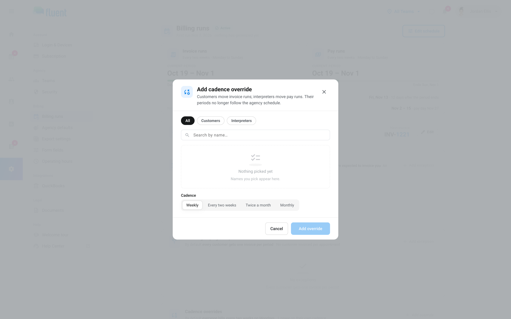 Add cadence override dialog with one customer picked and Monthly selected under Cadence