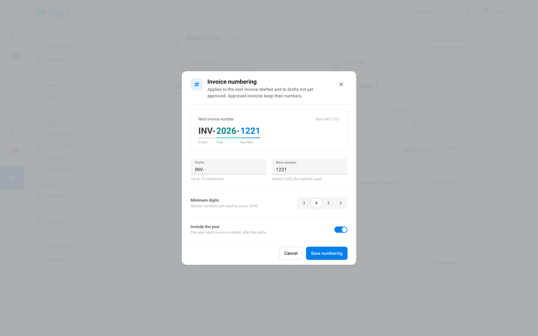 Invoice numbering dialog with Prefix, Next number, Minimum digits, Include the year and the preview of the next number